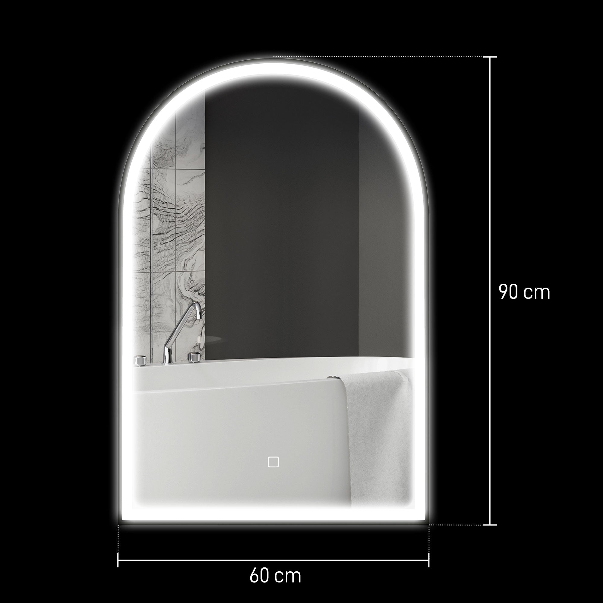 Miroir salle de bain 90 x 60 cm, miroir mural arqué, miroir salle de bain avec éclairage LED, lumière réglable 3 couleurs, anti-buée, mémoire, interrupteur tactile, cadre en aluminium - noir