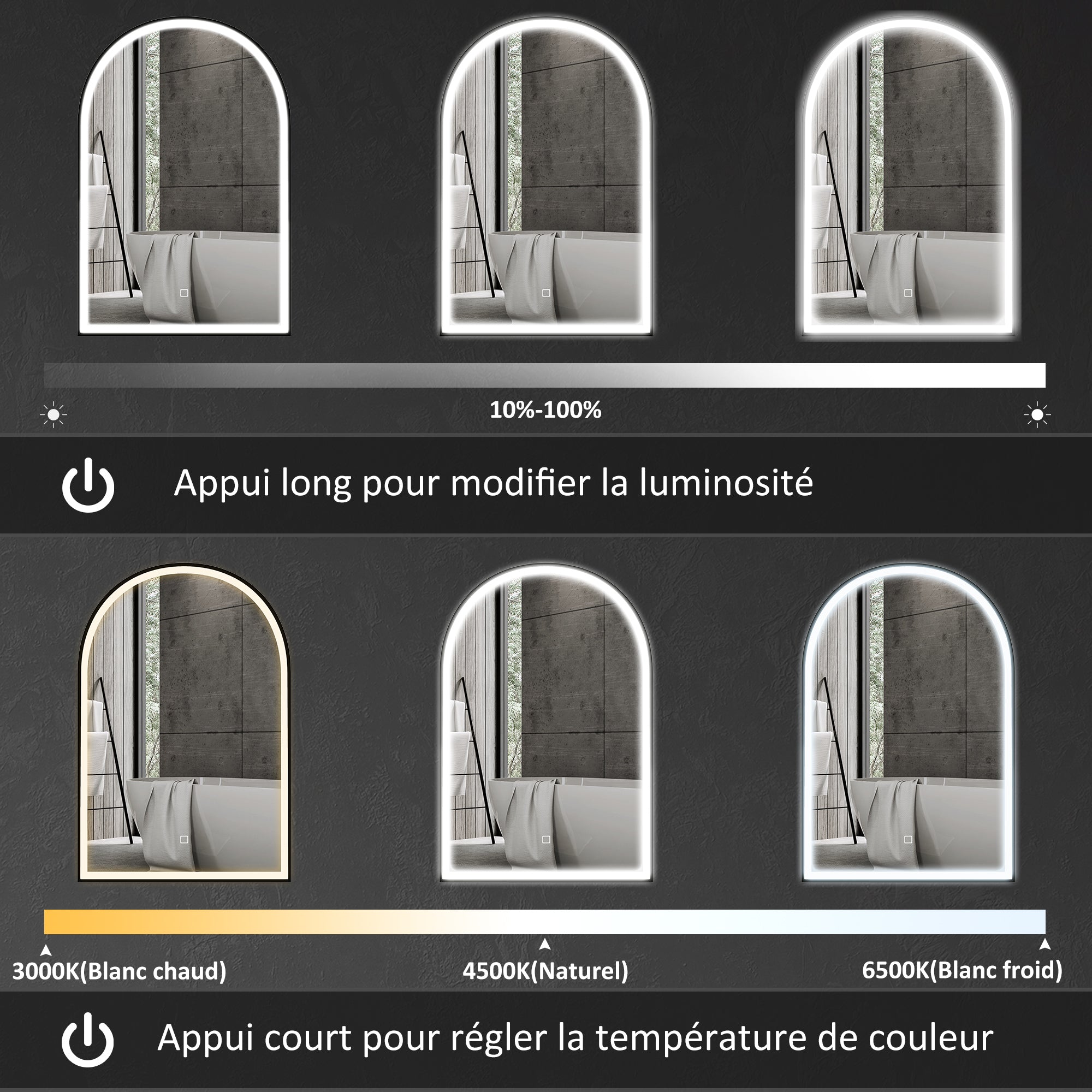 Miroir salle de bain 90 x 60 cm, miroir mural arqué, miroir salle de bain avec éclairage LED, lumière réglable 3 couleurs, anti-buée, mémoire, interrupteur tactile, cadre en aluminium - noir