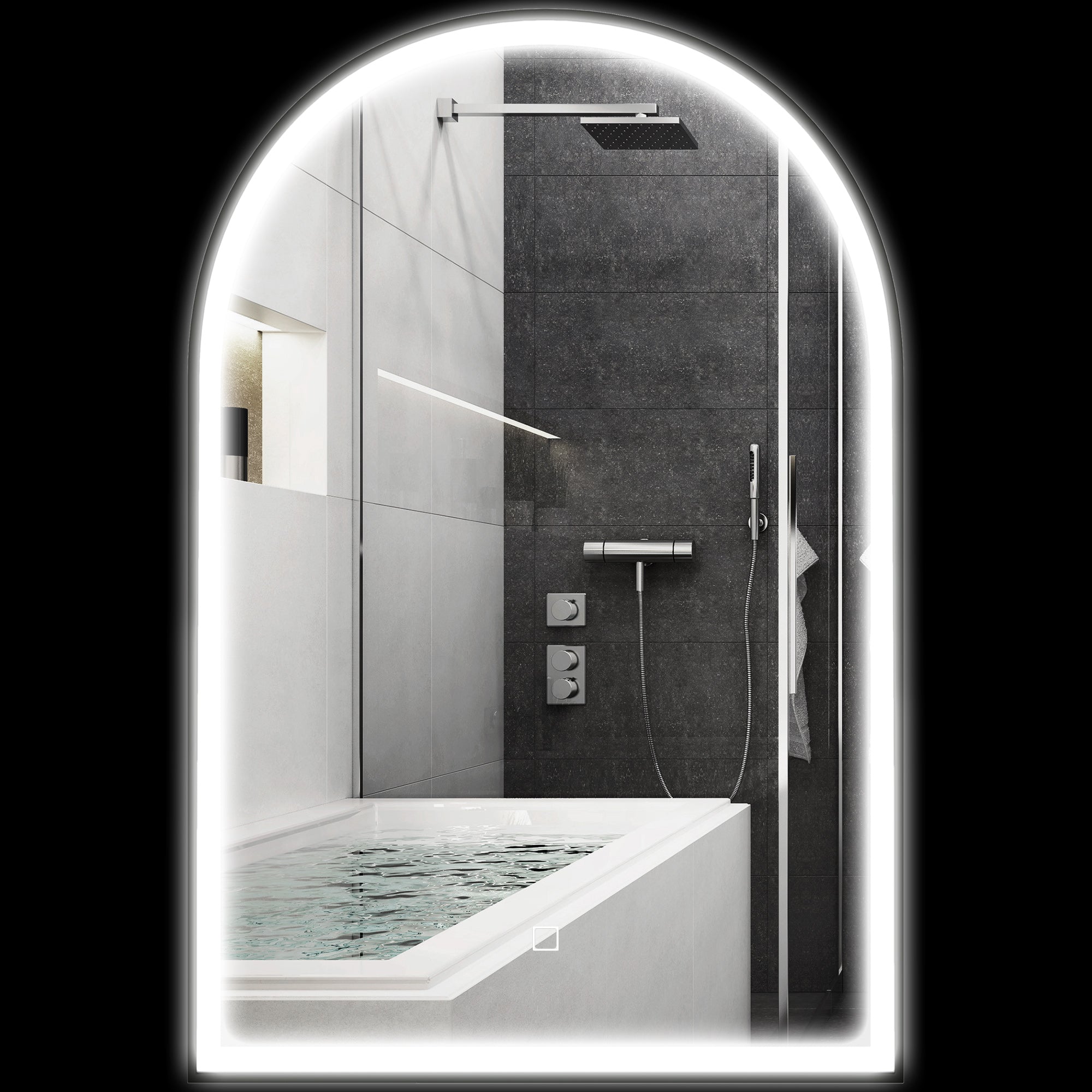 Miroir salle de bain 90 x 60 cm, miroir mural arqué, miroir salle de bain avec éclairage LED, lumière réglable 3 couleurs, anti-buée, mémoire, interrupteur tactile, cadre en aluminium - noir