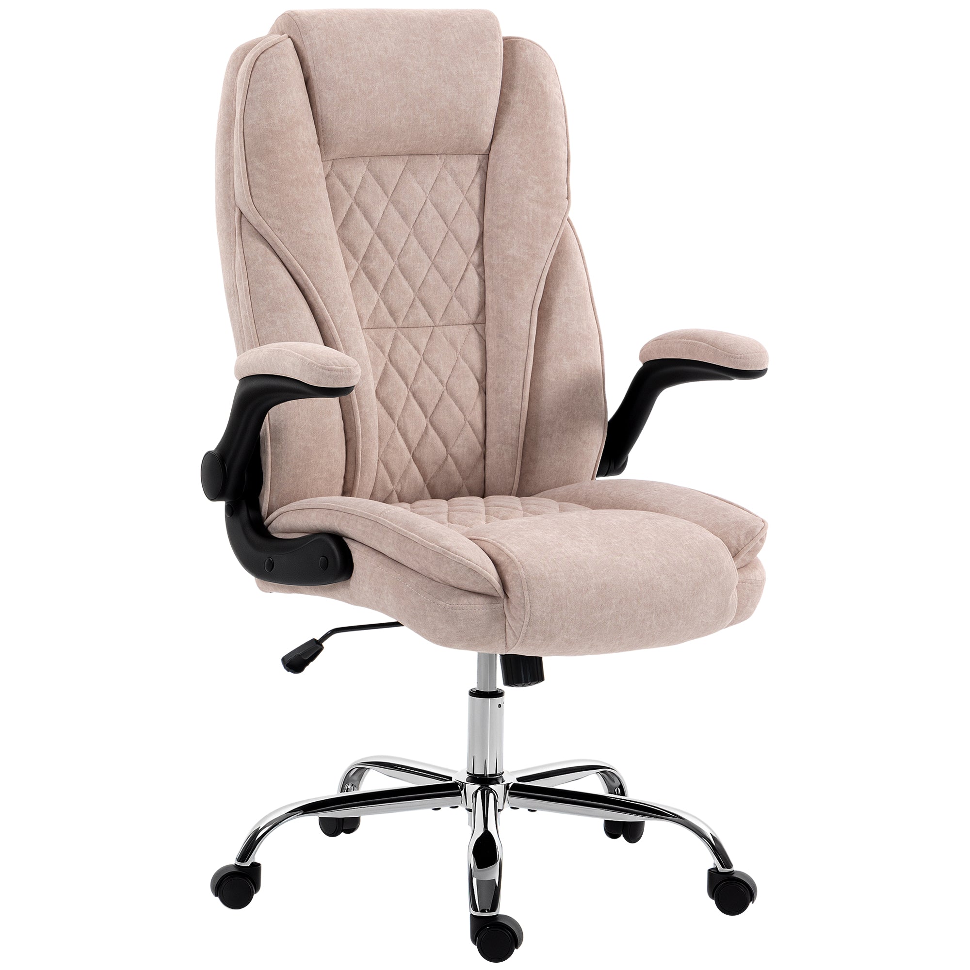 Fauteuil de bureau, chaise bureau ergonomique avec large assise rembourrée, hauteur réglable, accoudoirs relevables, dossier haut, pivotant 360°, tissu en velours, charge 120 Kg, rose