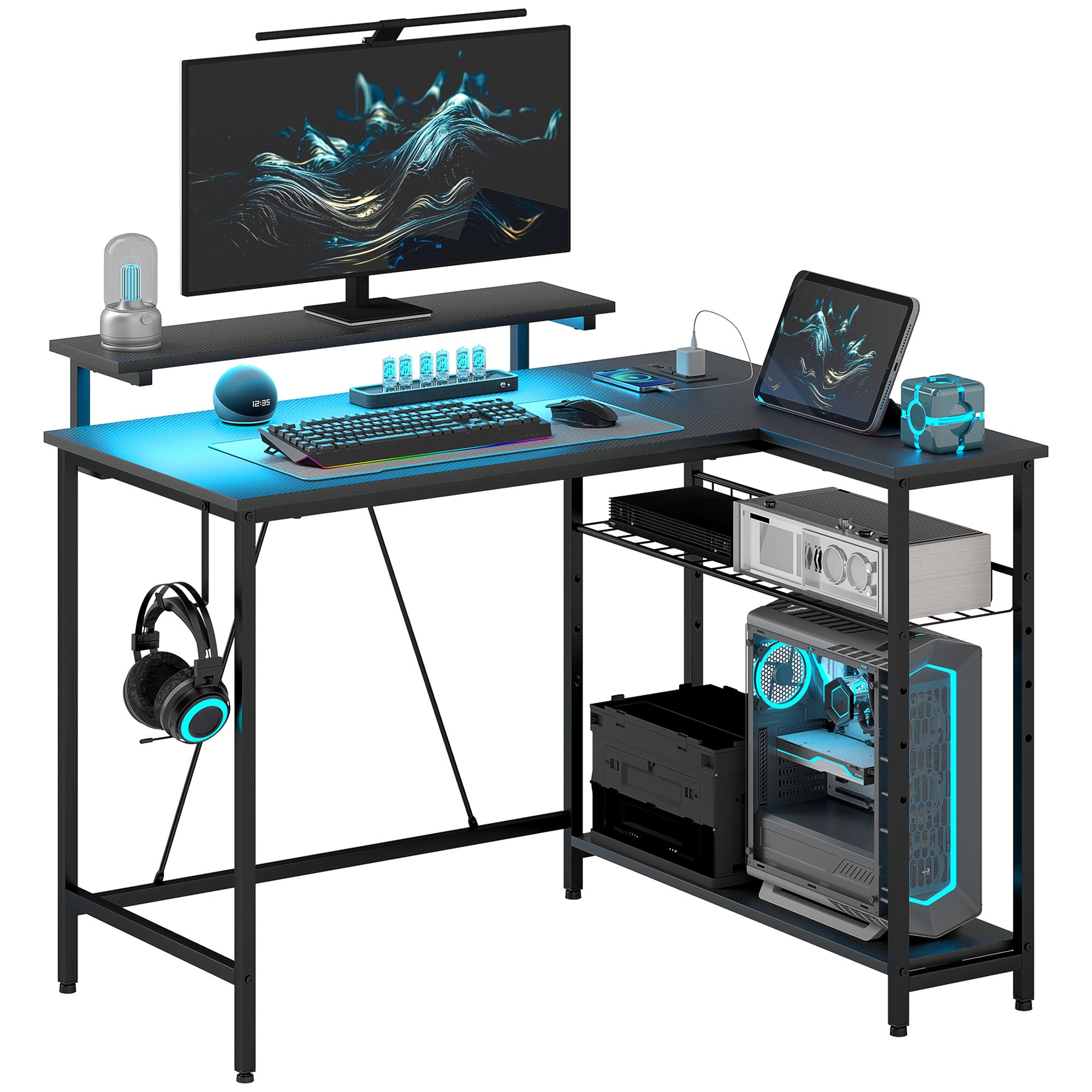 Bureau d'angle réversible avec LED, 2 prises et 2 ports USB, 107x80cm, bureau d'ordinateur avec étagère, support d'écran, panier réglable et télécommande, pour étudier travailler chambre, noir