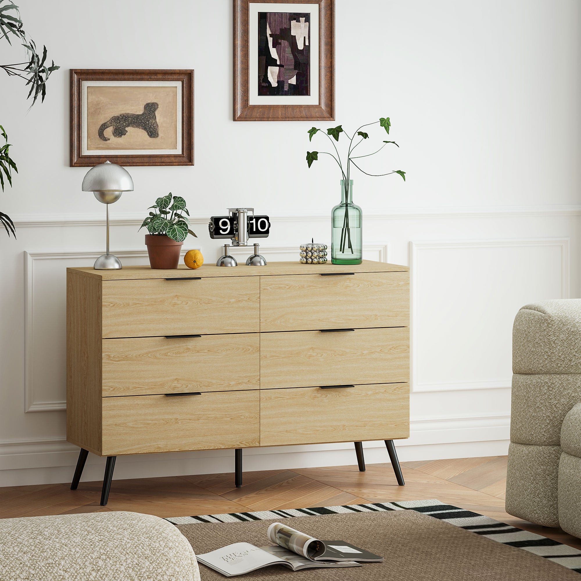 Commode 6 tiroirs Commode pour chambre à coucher design moderne avec anti-basculement 110L x 40l x 75H cm Aspect bois