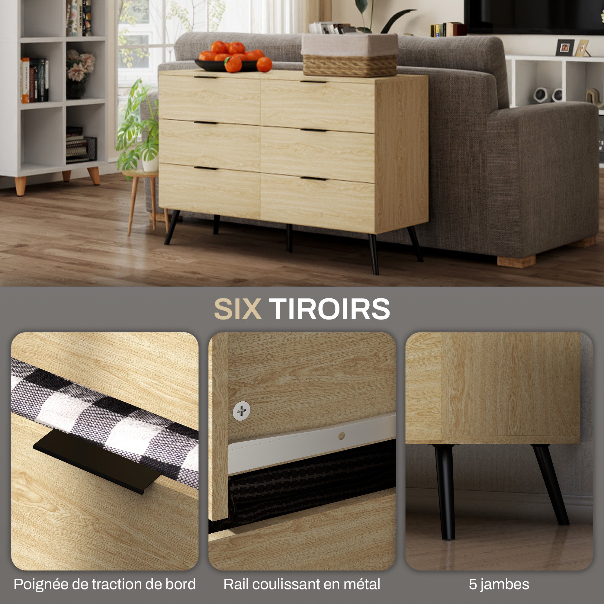 Commode 6 tiroirs Commode pour chambre à coucher design moderne avec anti-basculement 110L x 40l x 75H cm Aspect bois