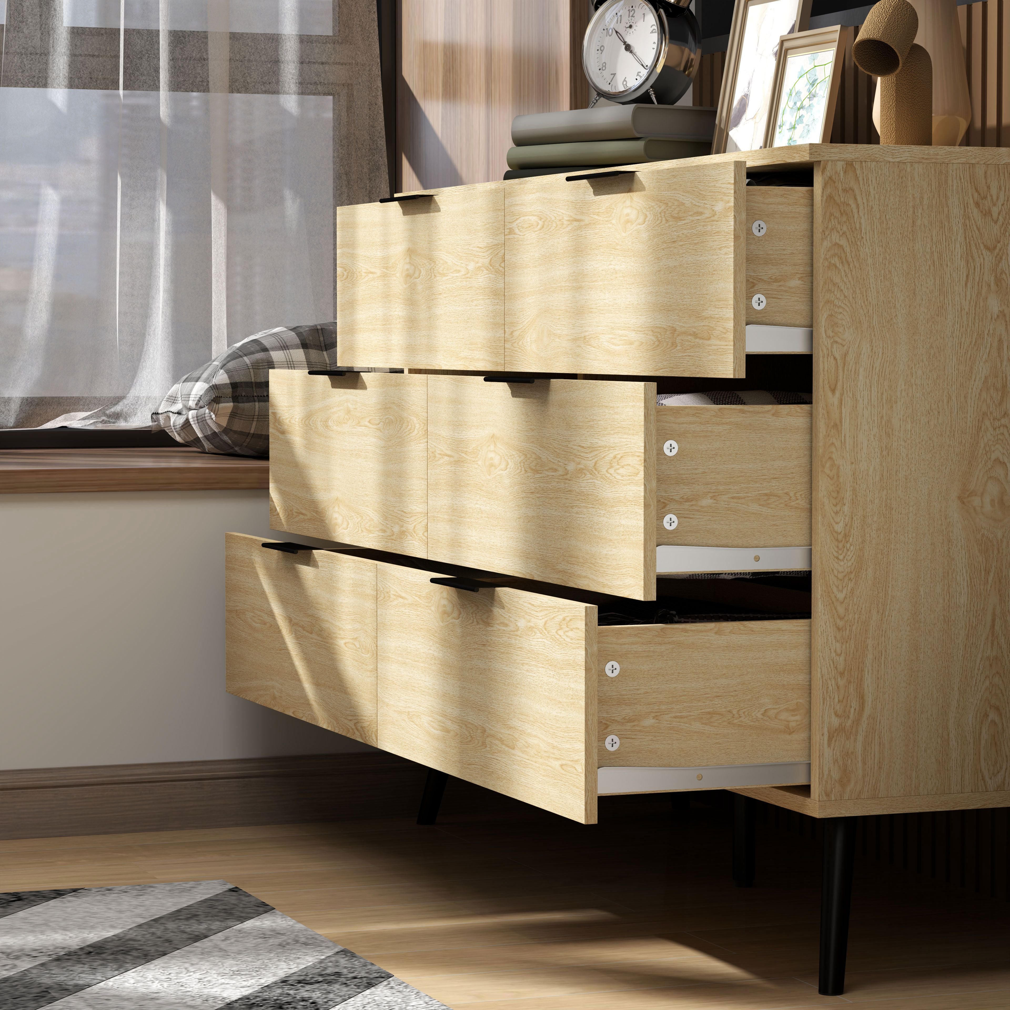 Commode 6 tiroirs Commode pour chambre à coucher design moderne avec anti-basculement 110L x 40l x 75H cm Aspect bois