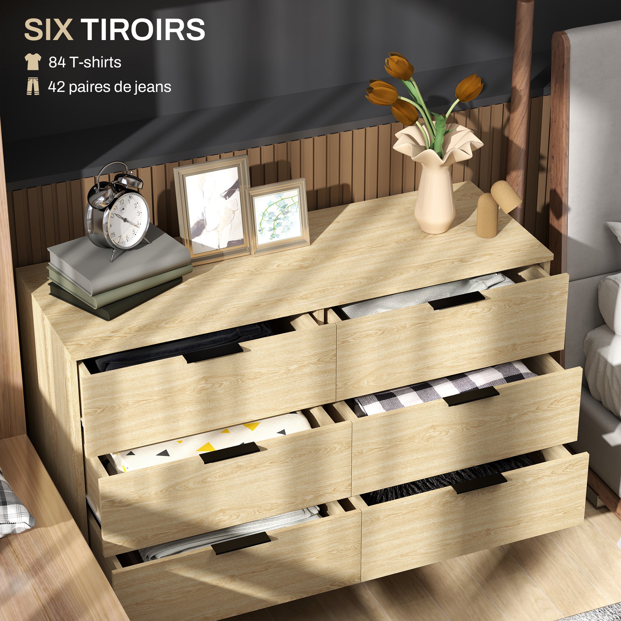 Commode 6 tiroirs Commode pour chambre à coucher design moderne avec anti-basculement 110L x 40l x 75H cm Aspect bois