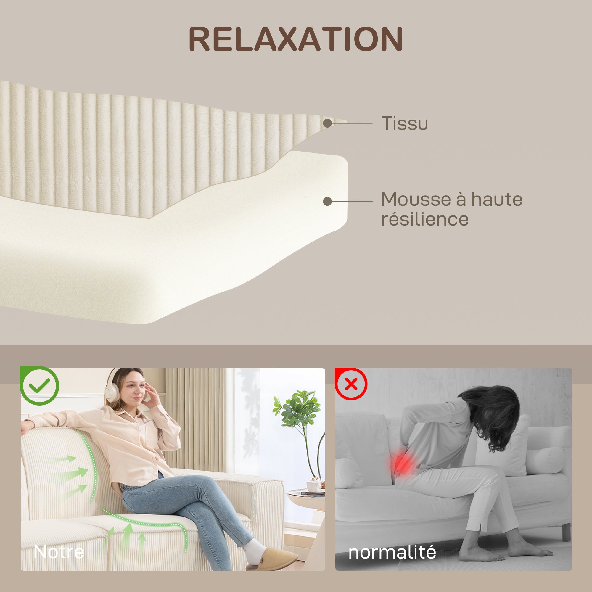 Canapé 3 places en velours côtelé 230 cm, canapé moderne avec assise et accoudoirs rembourrées, entièrement compressé pas de montage nécessaire, pour salon, chambre, bureau, beige