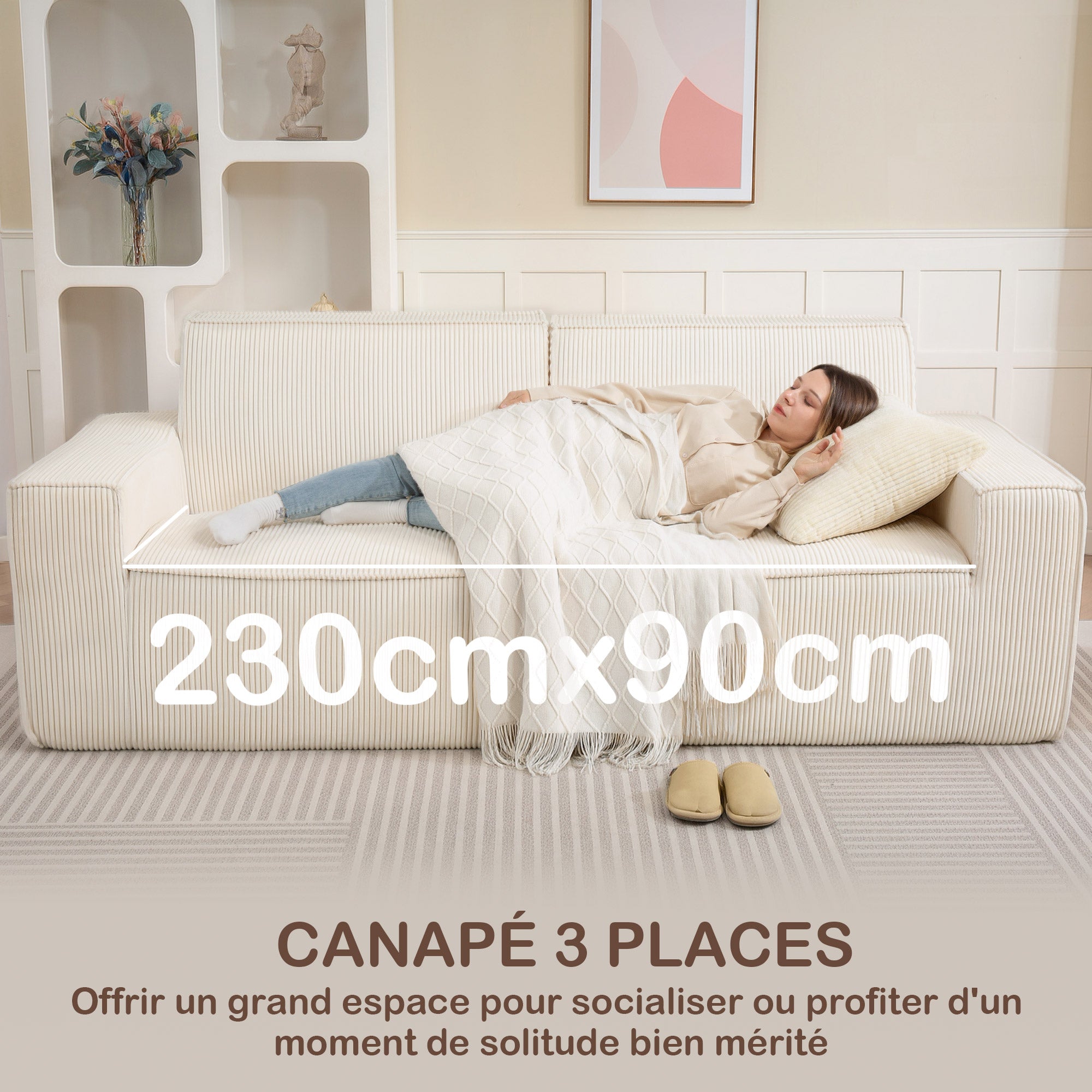Canapé 3 places en velours côtelé 230 cm, canapé moderne avec assise et accoudoirs rembourrées, entièrement compressé pas de montage nécessaire, pour salon, chambre, bureau, beige