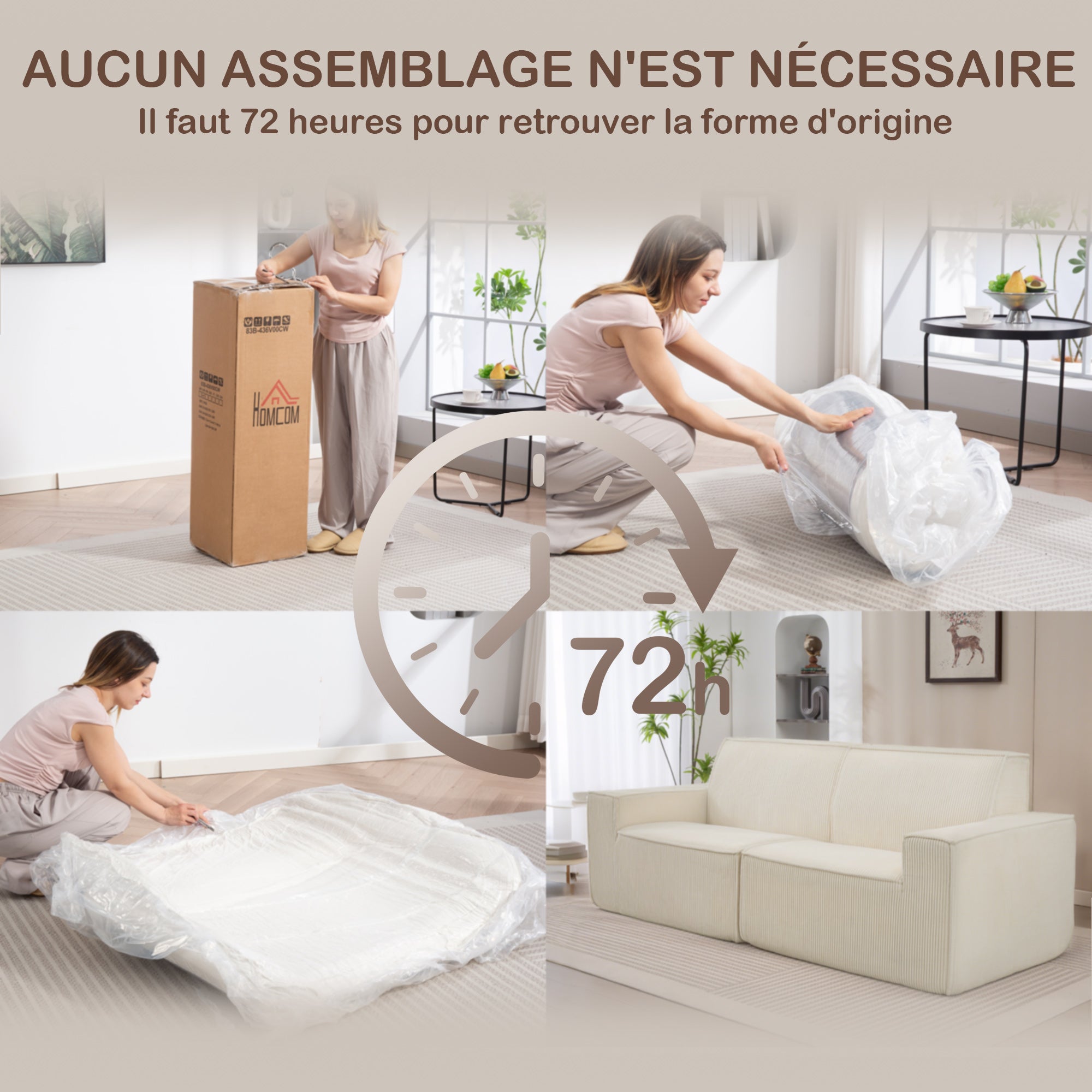 Canapé 3 places en velours côtelé 230 cm, canapé moderne avec assise et accoudoirs rembourrées, entièrement compressé pas de montage nécessaire, pour salon, chambre, bureau, beige