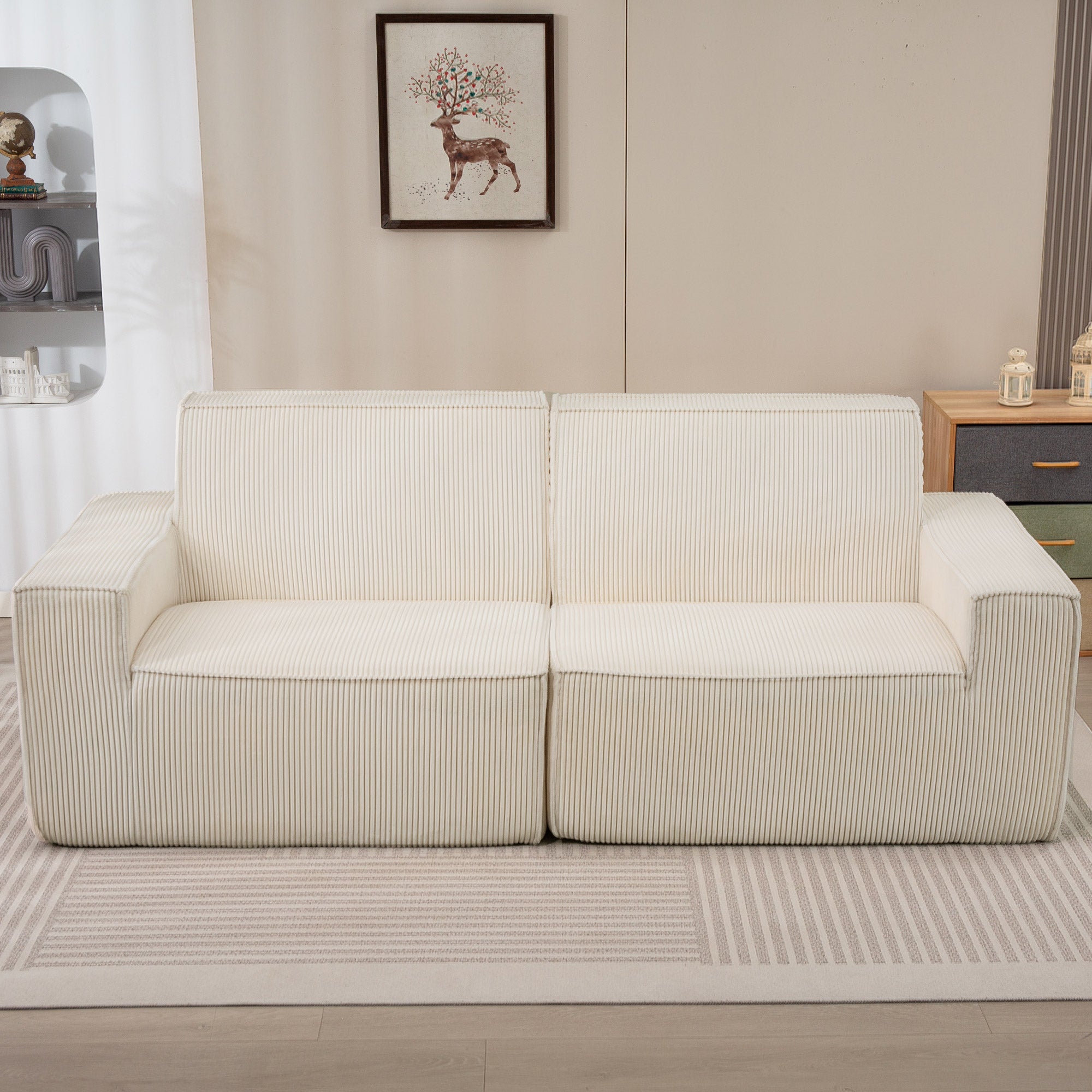 Canapé 3 places en velours côtelé 230 cm, canapé moderne avec assise et accoudoirs rembourrées, entièrement compressé pas de montage nécessaire, pour salon, chambre, bureau, beige