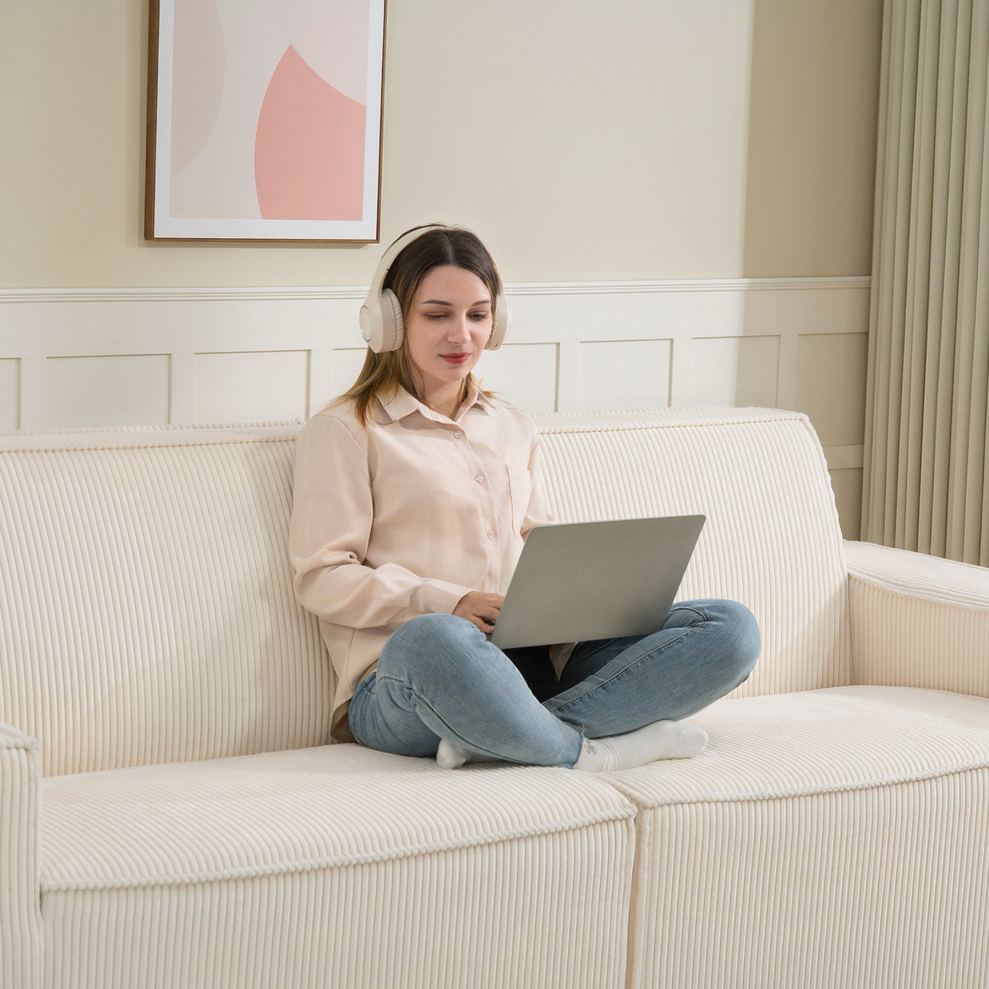 Canapé 3 places en velours côtelé 230 cm, canapé moderne avec assise et accoudoirs rembourrées, entièrement compressé pas de montage nécessaire, pour salon, chambre, bureau, beige