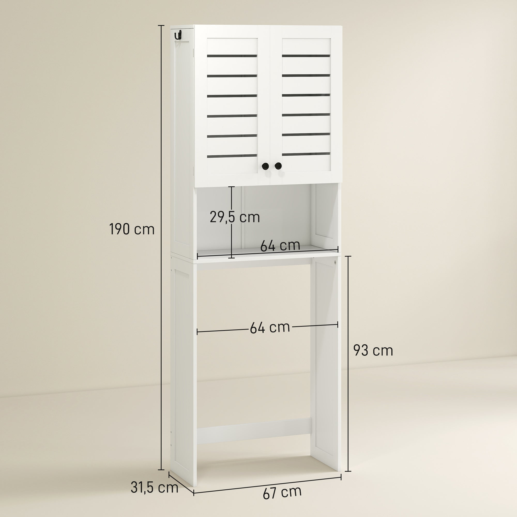 Meuble WC dessus de toilette/machine à laver avec placard à porte double, étagères, meuble toilettes WC rangement armoire salle de bain avec niches et portes à persiennes, 67x31,5x190cm, blanc