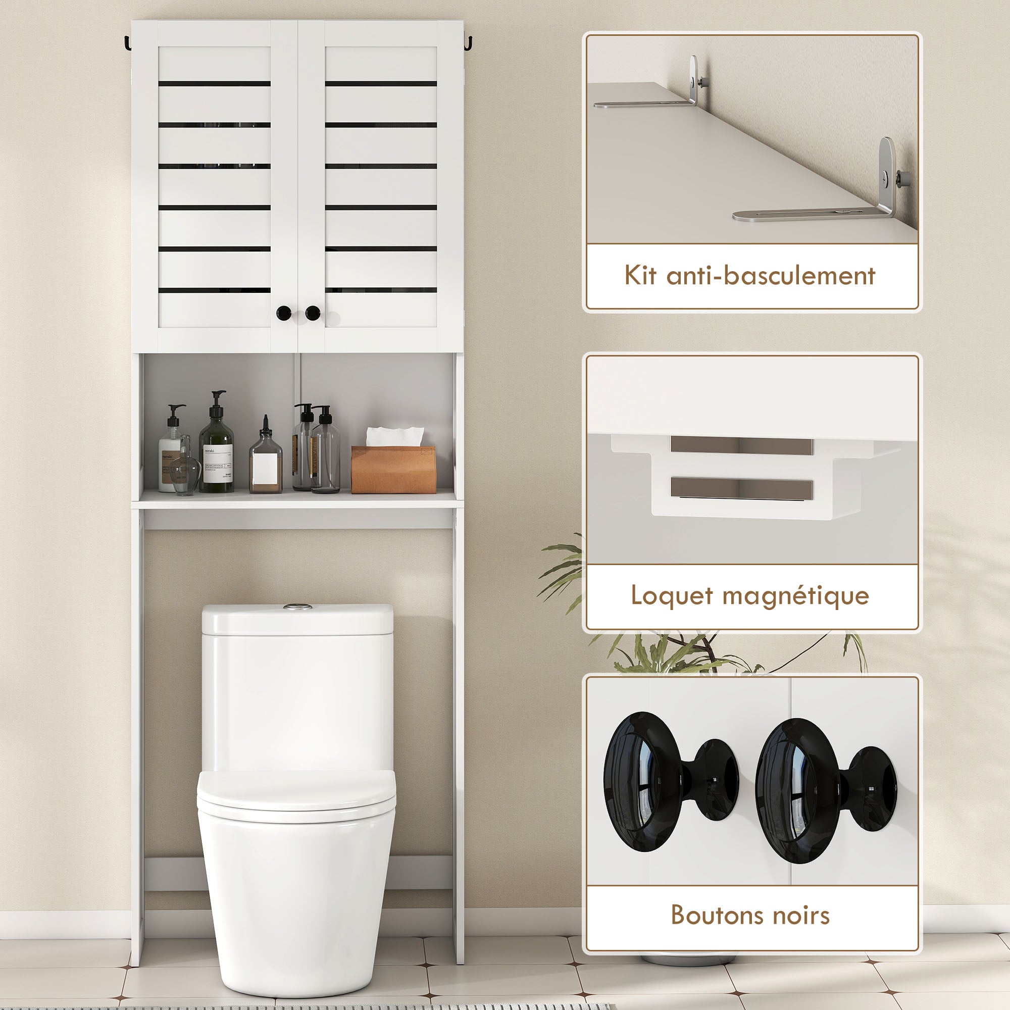 Meuble WC dessus de toilette/machine à laver avec placard à porte double, étagères, meuble toilettes WC rangement armoire salle de bain avec niches et portes à persiennes, 67x31,5x190cm, blanc
