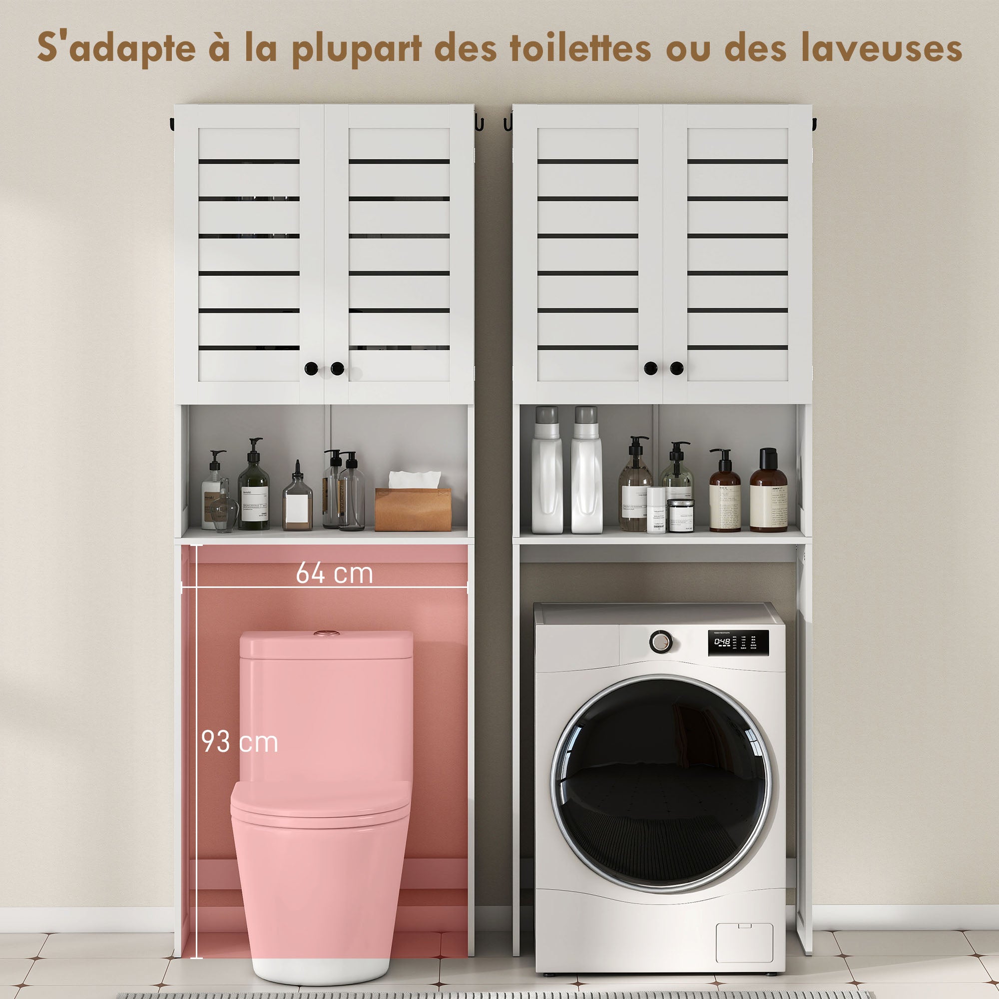 Meuble WC dessus de toilette/machine à laver avec placard à porte double, étagères, meuble toilettes WC rangement armoire salle de bain avec niches et portes à persiennes, 67x31,5x190cm, blanc