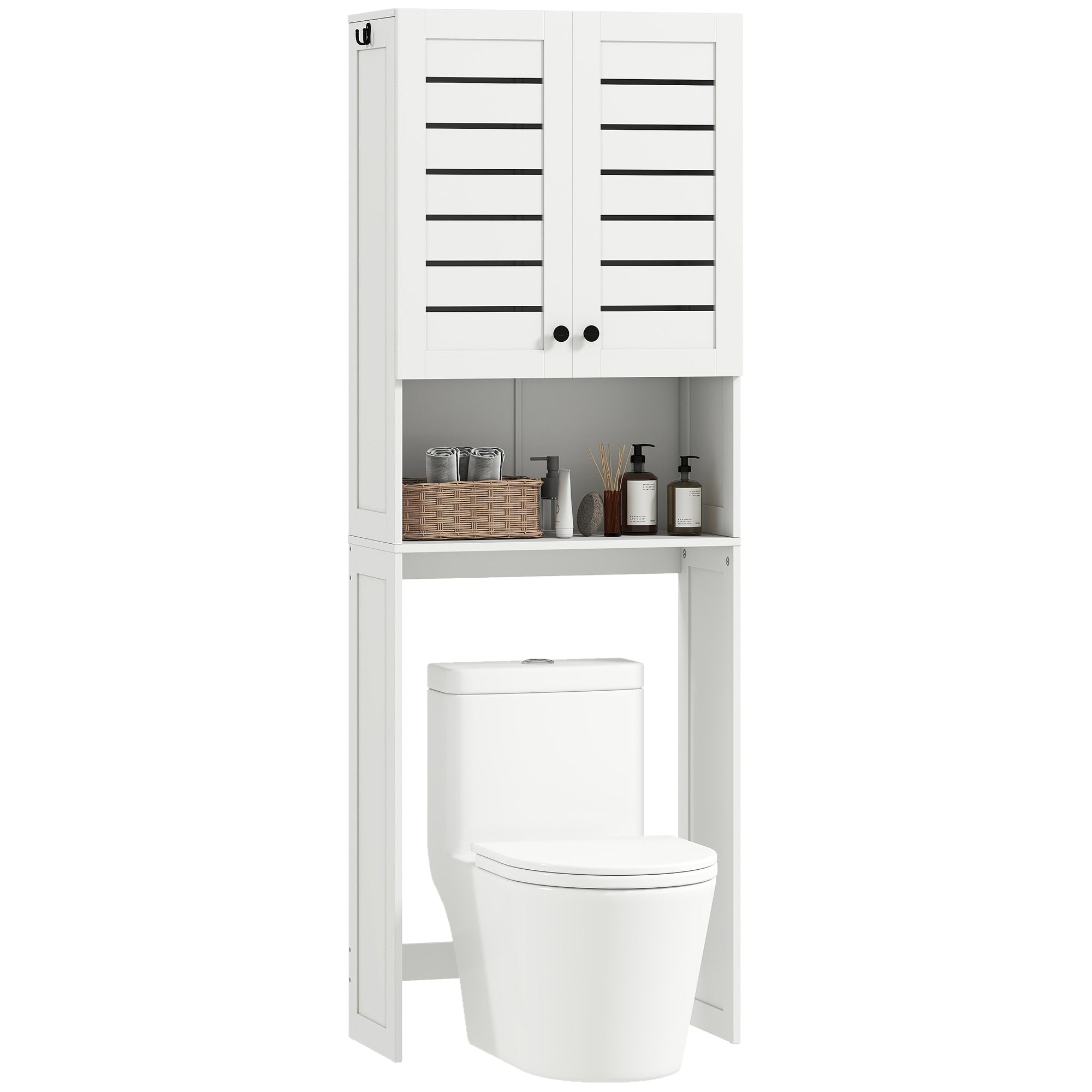 Meuble WC dessus de toilette/machine à laver avec placard à porte double, étagères, meuble toilettes WC rangement armoire salle de bain avec niches et portes à persiennes, 67x31,5x190cm, blanc