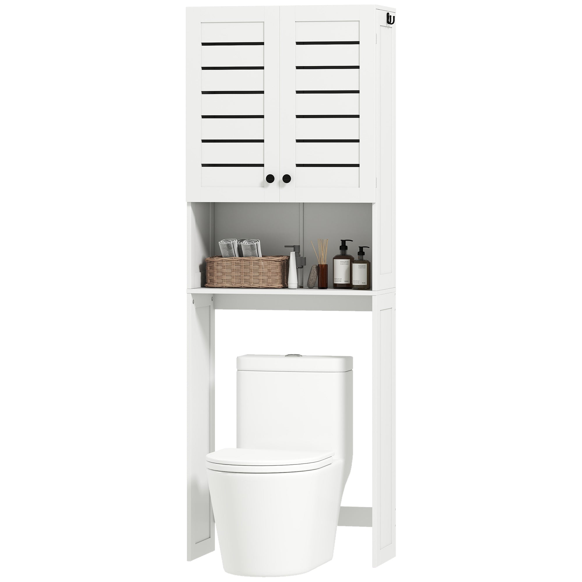 Meuble WC dessus de toilette/machine à laver avec placard à porte double, étagères, meuble toilettes WC rangement armoire salle de bain avec niches et portes à persiennes, 67x31,5x190cm, blanc