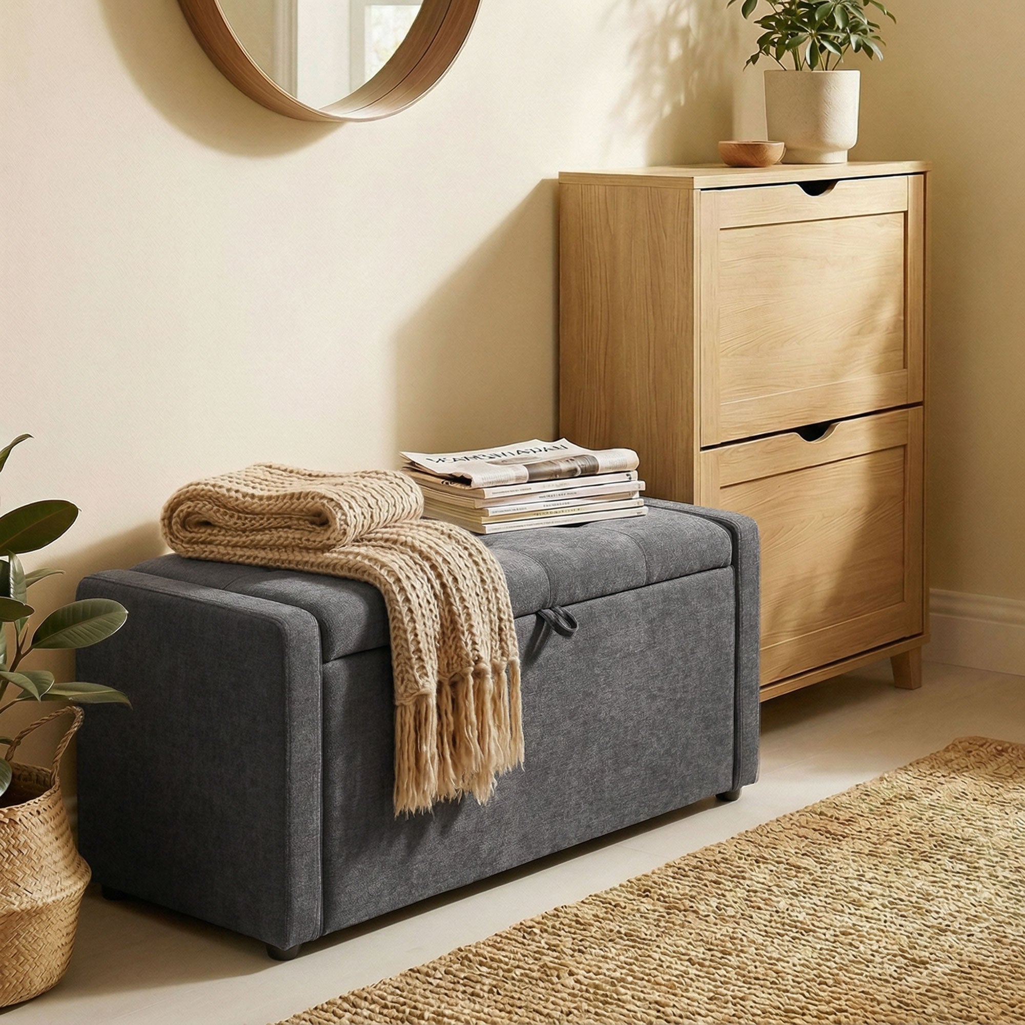 Banc de rangement, bout de lit, repose-pieds rembourré en lin avec assise large et confortable, coffre de rangement pour salon, chambre, entrée, 122 x 48 x 44 cm, gris foncé