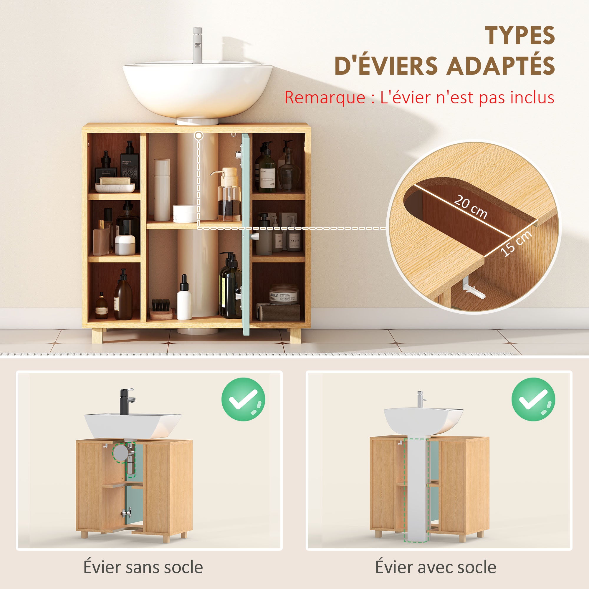 Meuble sous lavabo, meuble de salle de bain sous vasque avec 6 étagères ouvertes et porte à fermeture amortie pour lavabo avec ou sans piédestal, 60 x 33 x 57 cm, vert