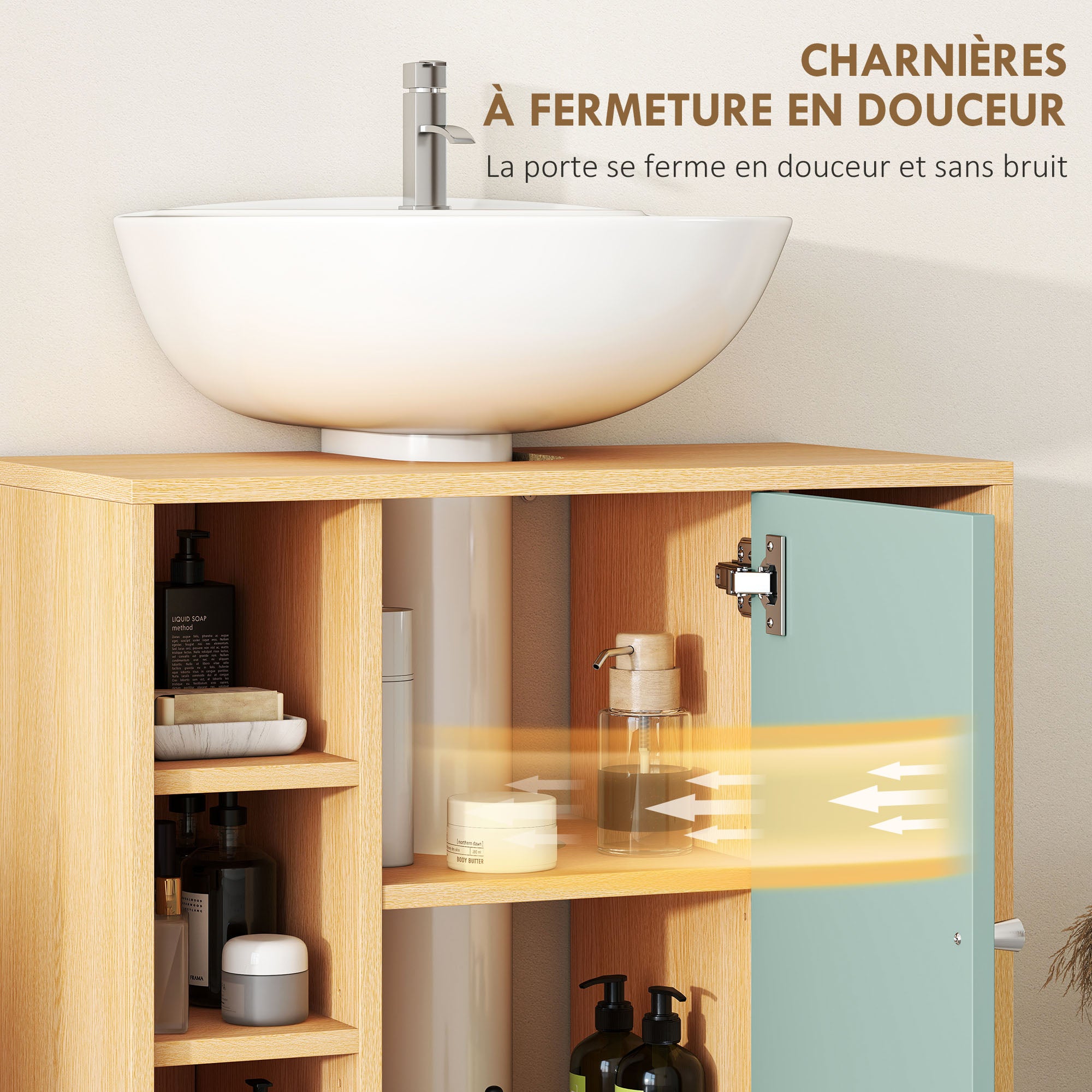 Meuble sous lavabo, meuble de salle de bain sous vasque avec 6 étagères ouvertes et porte à fermeture amortie pour lavabo avec ou sans piédestal, 60 x 33 x 57 cm, vert