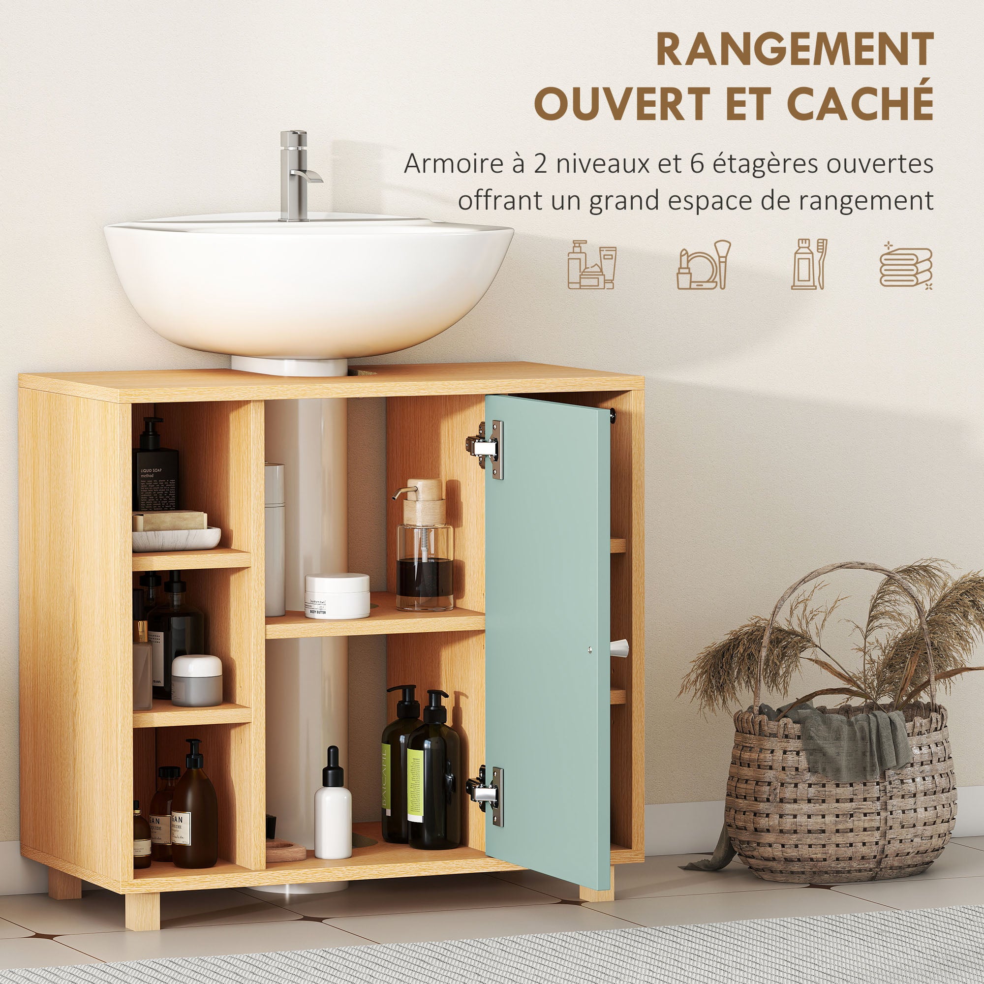 Meuble sous lavabo, meuble de salle de bain sous vasque avec 6 étagères ouvertes et porte à fermeture amortie pour lavabo avec ou sans piédestal, 60 x 33 x 57 cm, vert