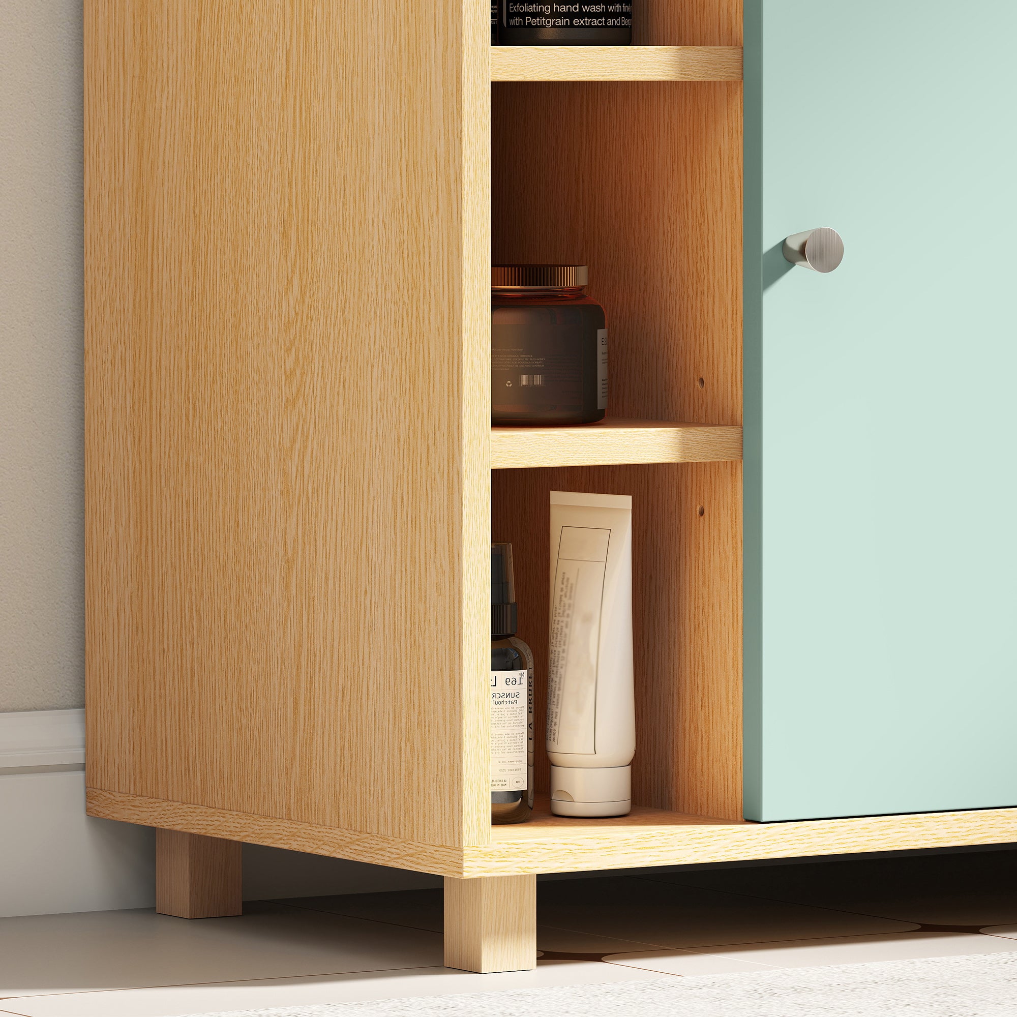 Meuble sous lavabo, meuble de salle de bain sous vasque avec 6 étagères ouvertes et porte à fermeture amortie pour lavabo avec ou sans piédestal, 60 x 33 x 57 cm, vert