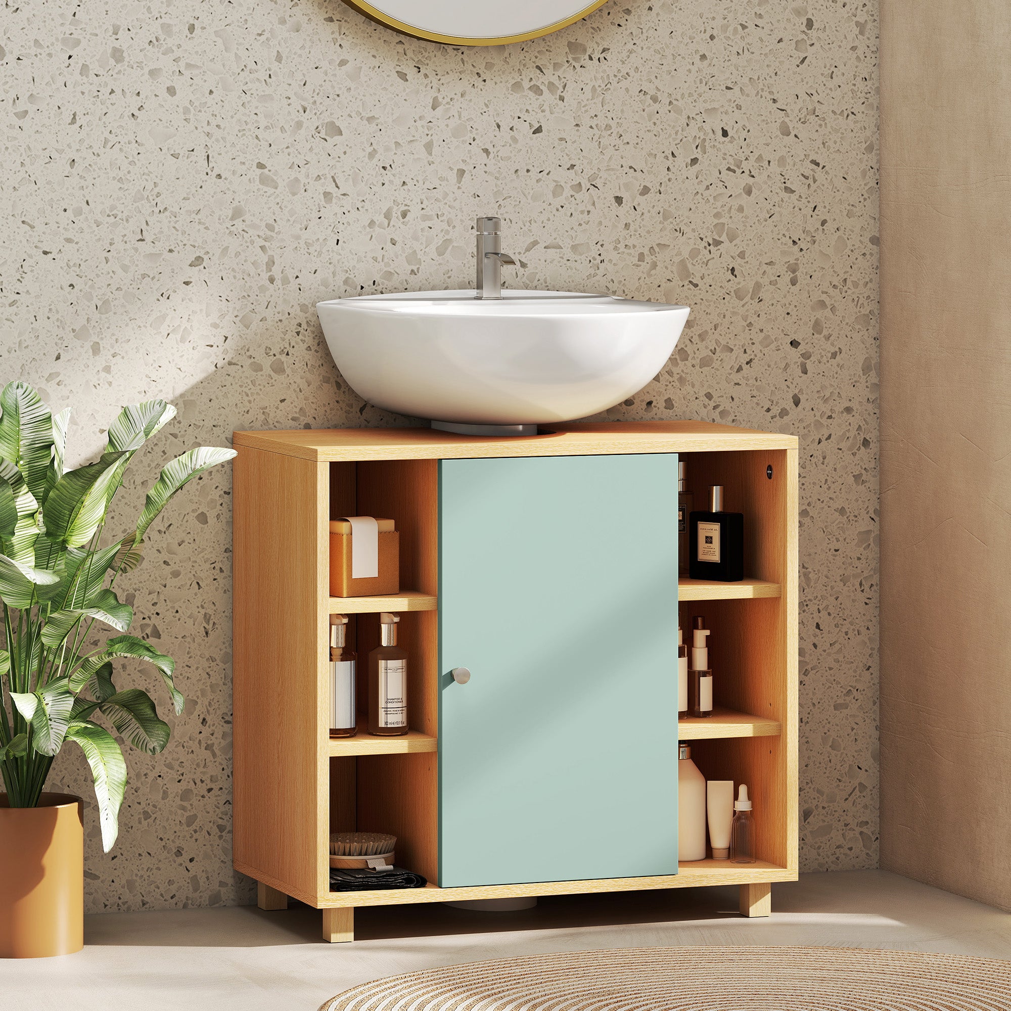 Meuble sous lavabo, meuble de salle de bain sous vasque avec 6 étagères ouvertes et porte à fermeture amortie pour lavabo avec ou sans piédestal, 60 x 33 x 57 cm, vert