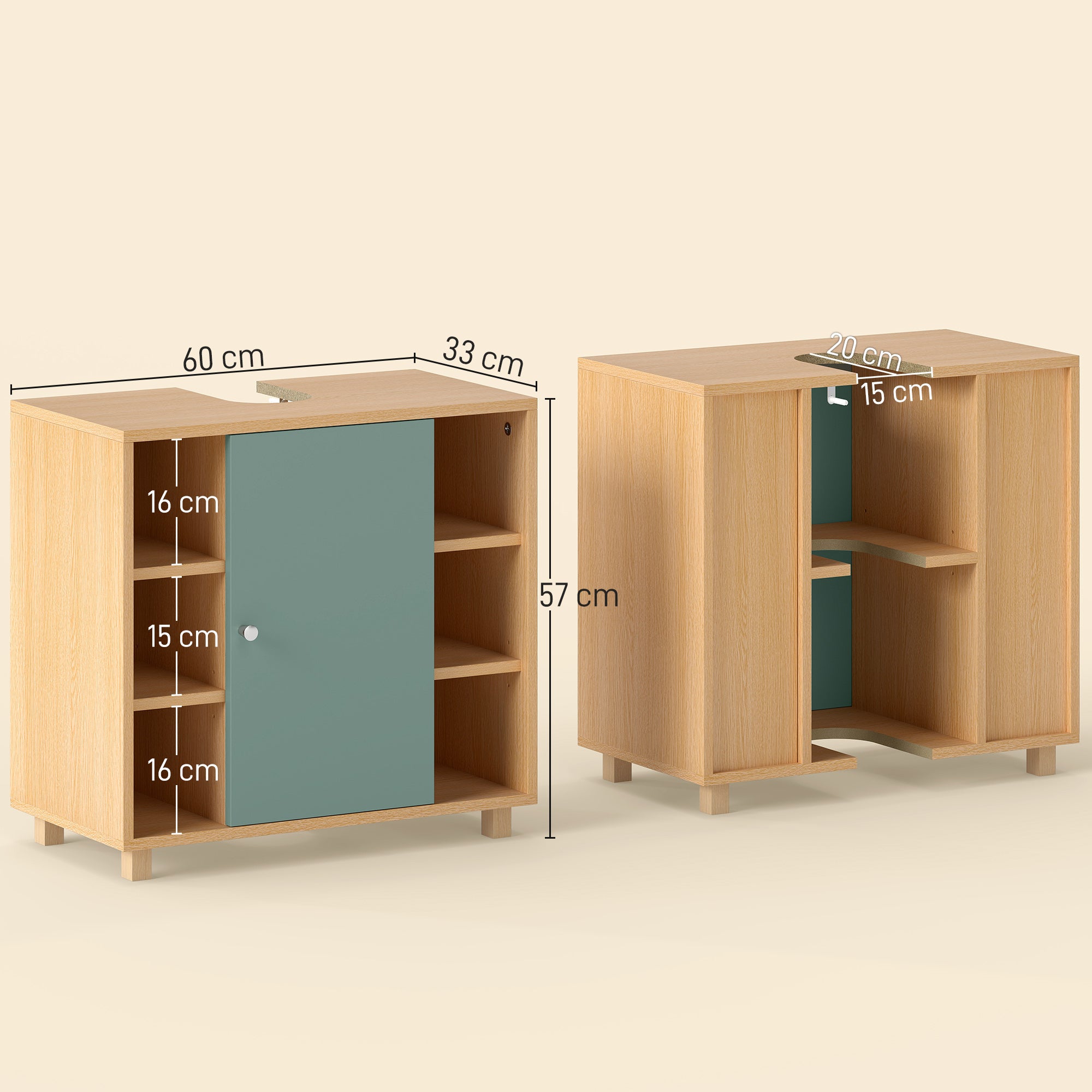 Meuble sous lavabo, meuble de salle de bain sous vasque avec 6 étagères ouvertes et porte à fermeture amortie pour lavabo avec ou sans piédestal, 60 x 33 x 57 cm, vert