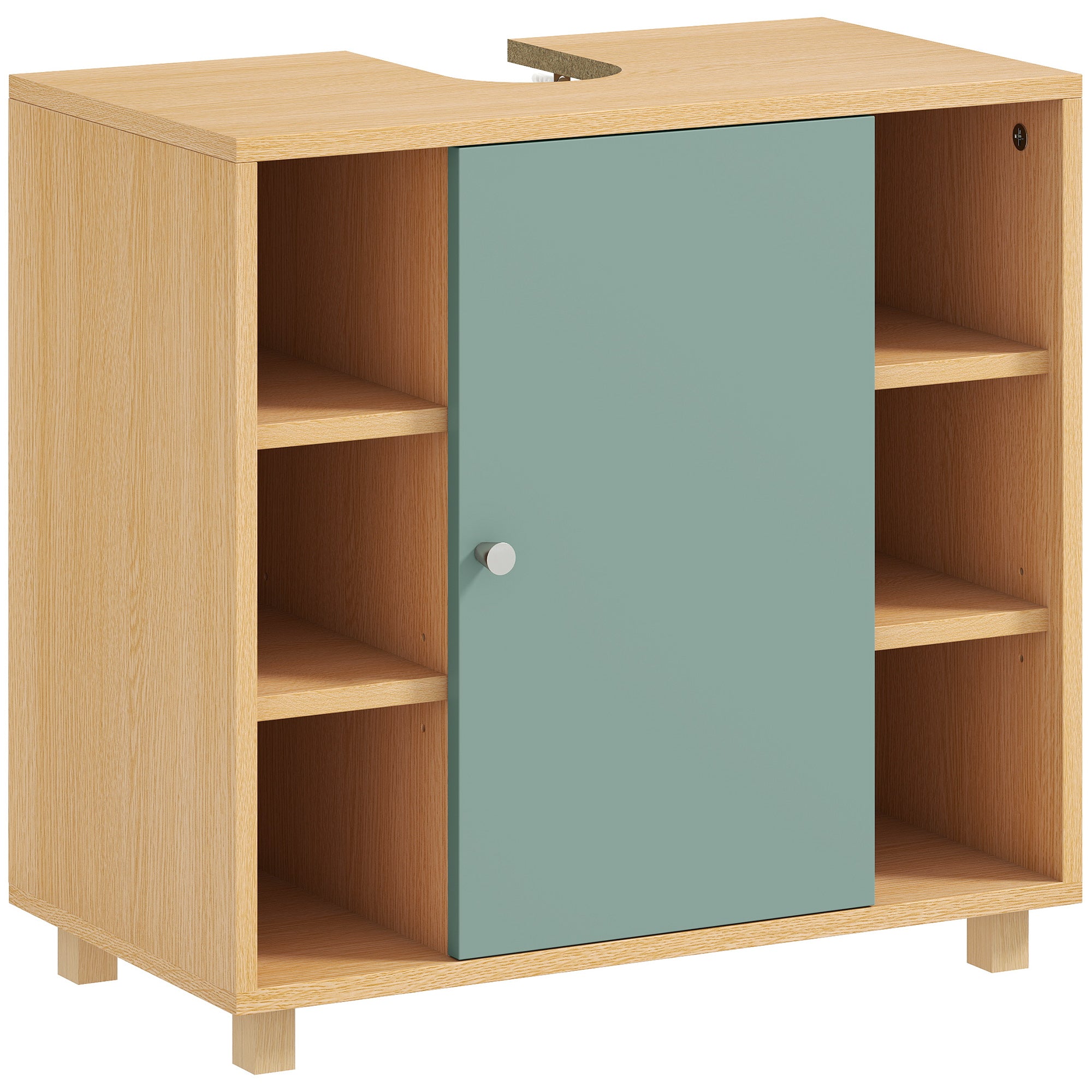 Meuble sous lavabo, meuble de salle de bain sous vasque avec 6 étagères ouvertes et porte à fermeture amortie pour lavabo avec ou sans piédestal, 60 x 33 x 57 cm, vert