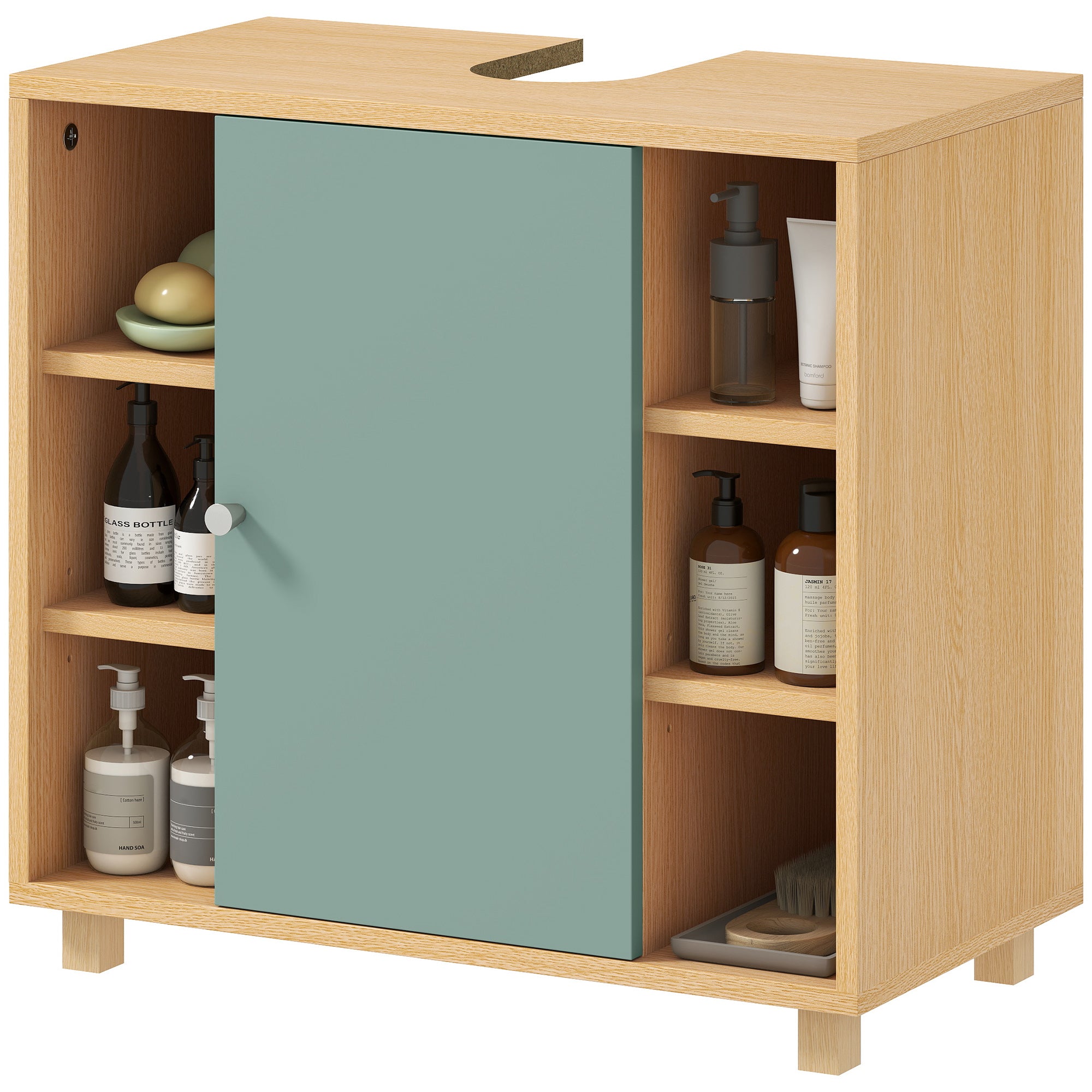 Meuble sous lavabo, meuble de salle de bain sous vasque avec 6 étagères ouvertes et porte à fermeture amortie pour lavabo avec ou sans piédestal, 60 x 33 x 57 cm, vert