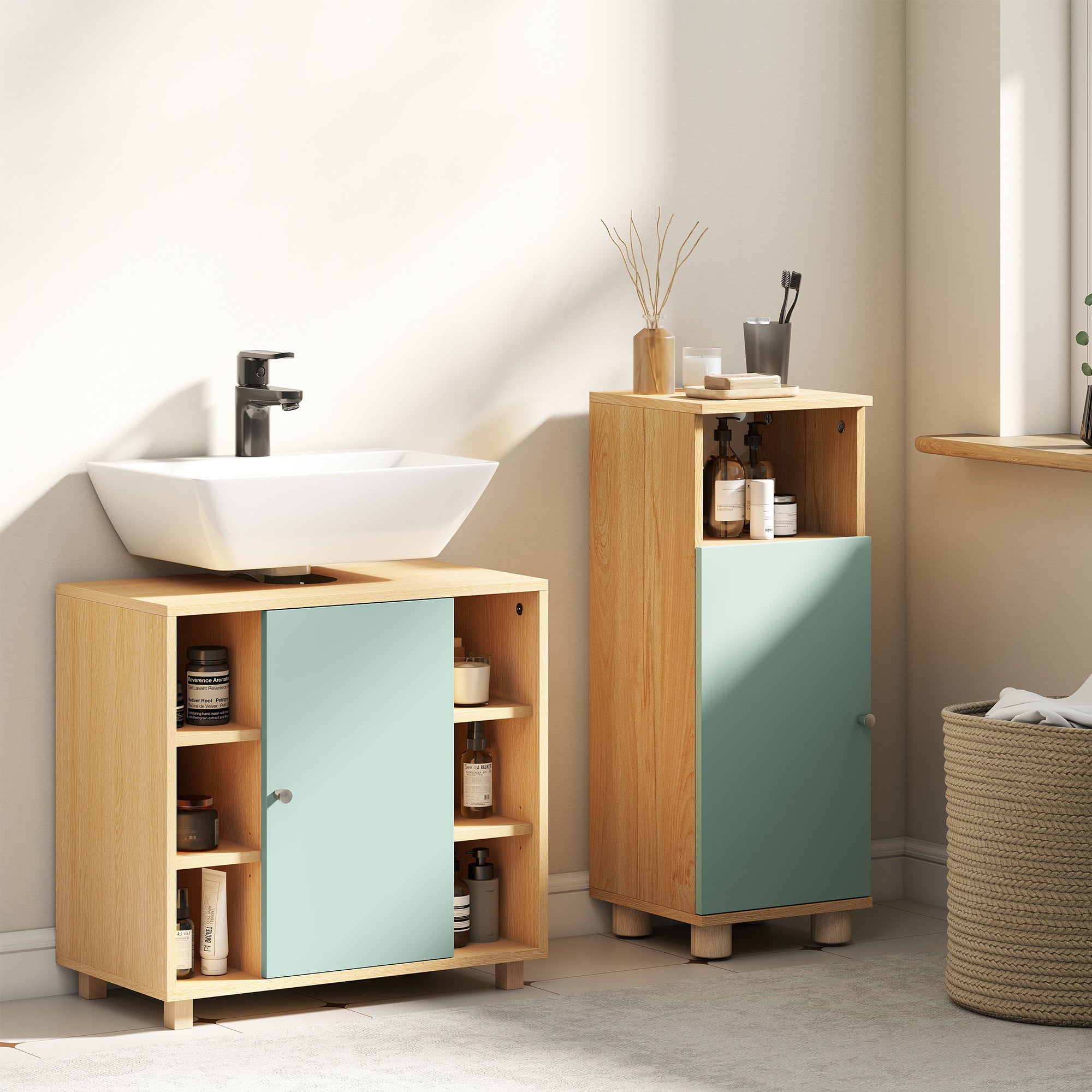 Meuble sous lavabo, meuble de salle de bain sous vasque avec 6 étagères ouvertes et porte à fermeture amortie pour lavabo avec ou sans piédestal, 60 x 33 x 57 cm, vert