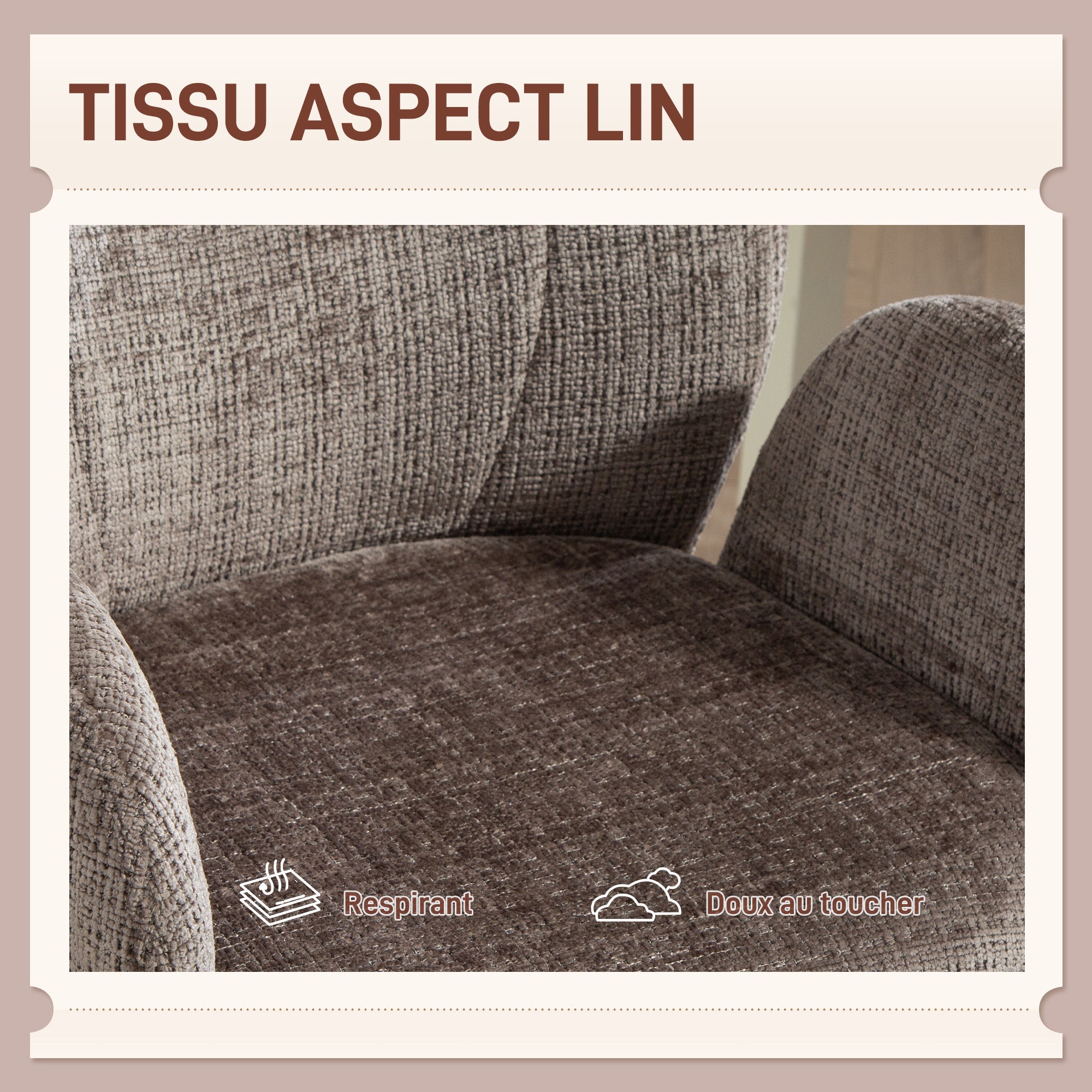 Chaise bureau ergonomique, fauteuil de bureau avec siège pivotant à retour automatique, dossier et accoudoirs rembourrés, tissu aspect lin, pour salon, chambre, télétravail, brun clair