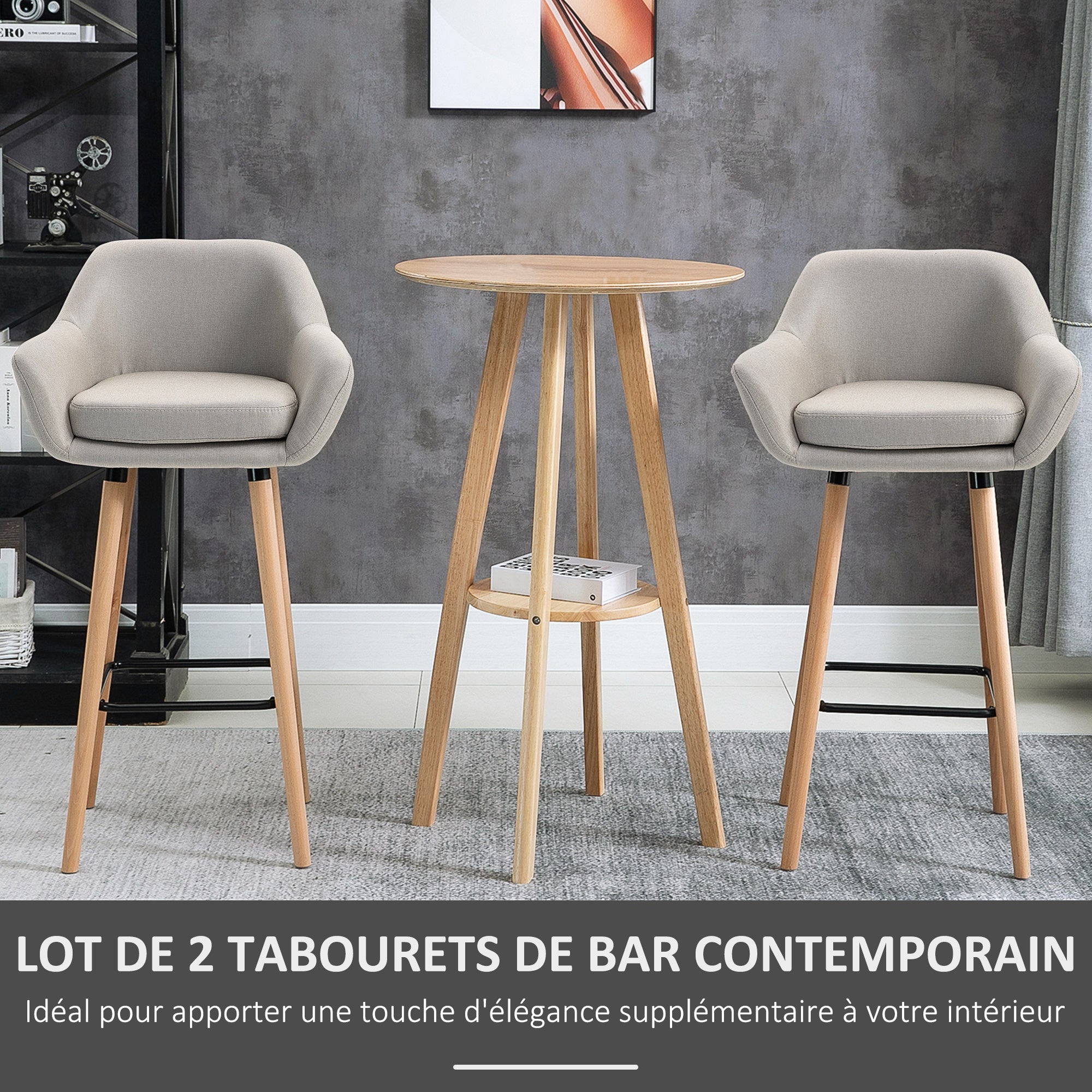 Tabourets de Bar Design scandinave - Lot de 2 tabourets de Bar Grand Confort avec Repose-Pieds et accoudoirs - Bois massif Lin Beige