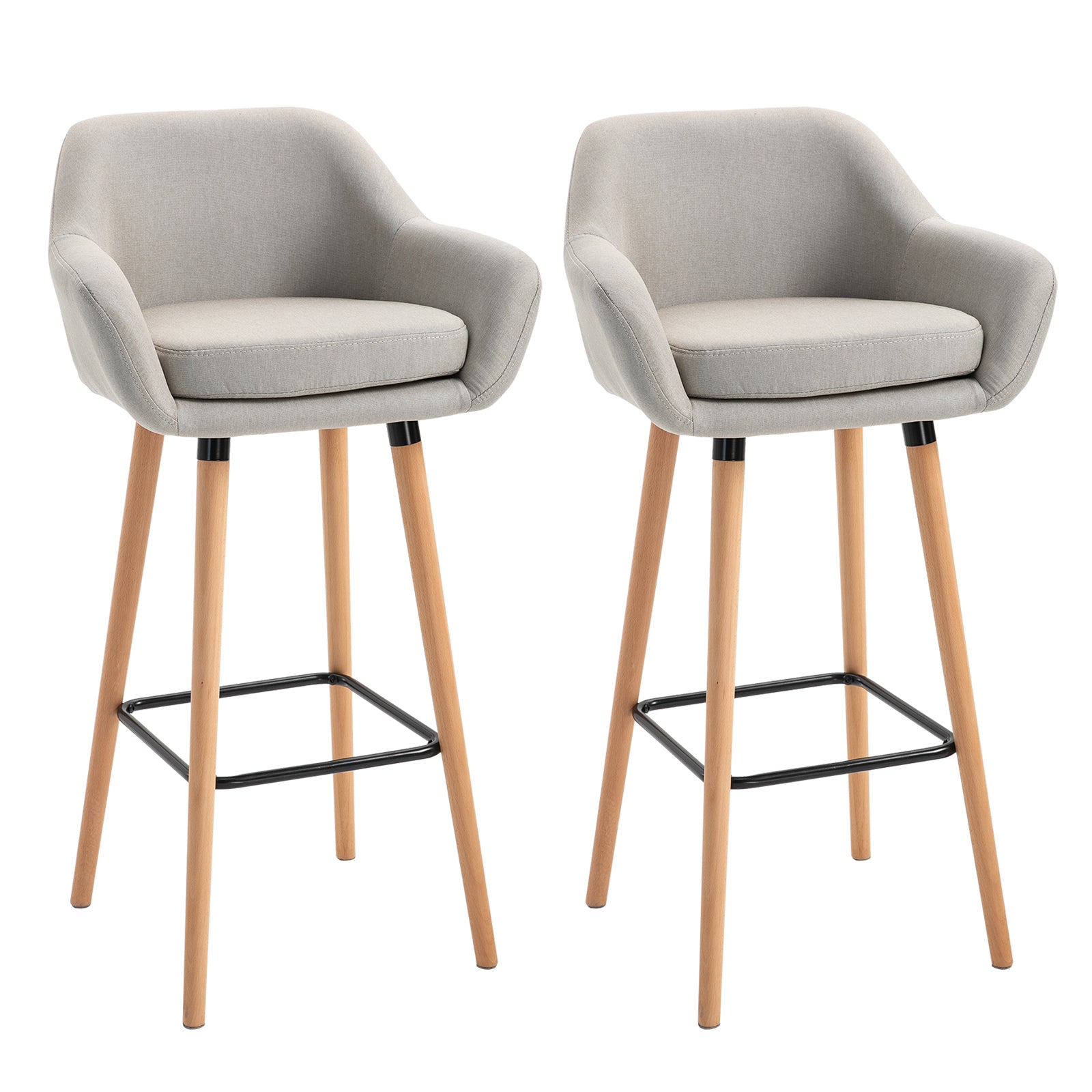 Tabourets de Bar Design scandinave - Lot de 2 tabourets de Bar Grand Confort avec Repose-Pieds et accoudoirs - Bois massif Lin Beige
