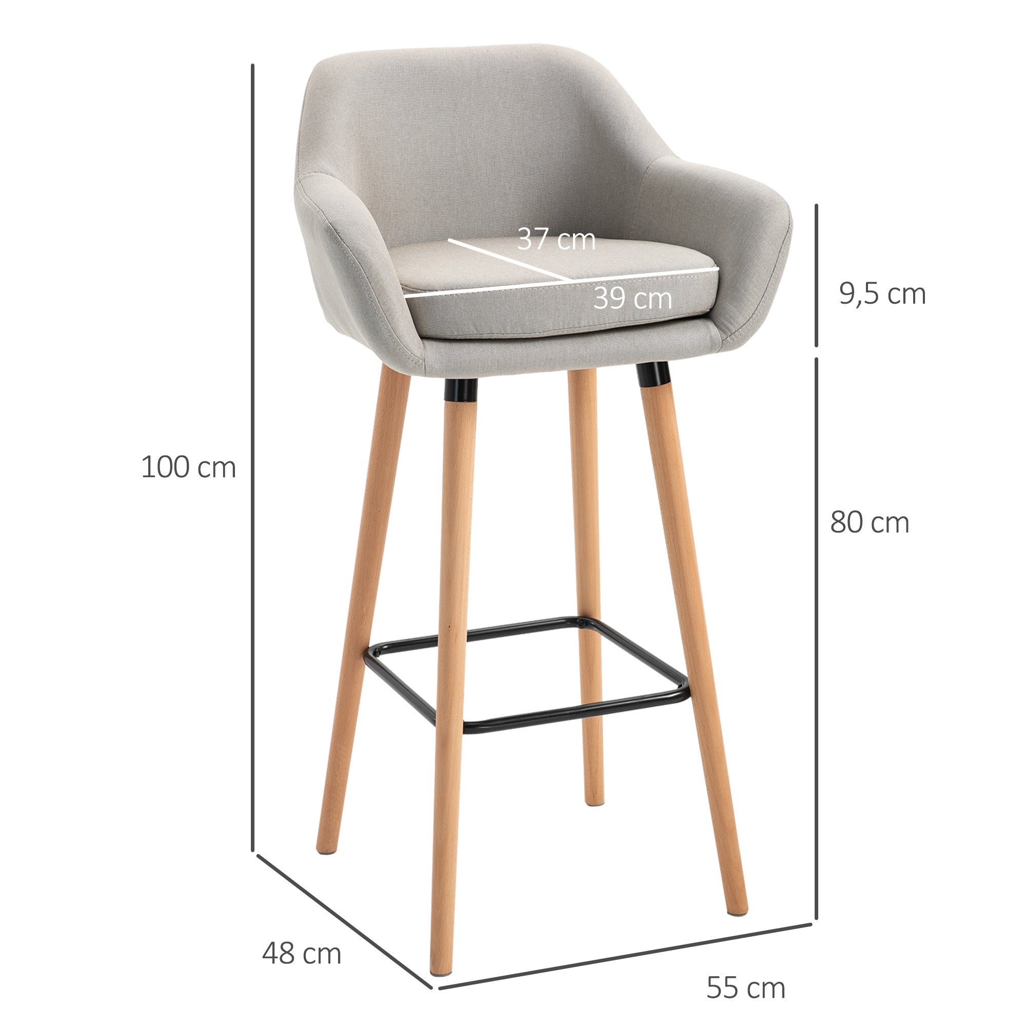 Tabourets de Bar Design scandinave - Lot de 2 tabourets de Bar Grand Confort avec Repose-Pieds et accoudoirs - Bois massif Lin Beige