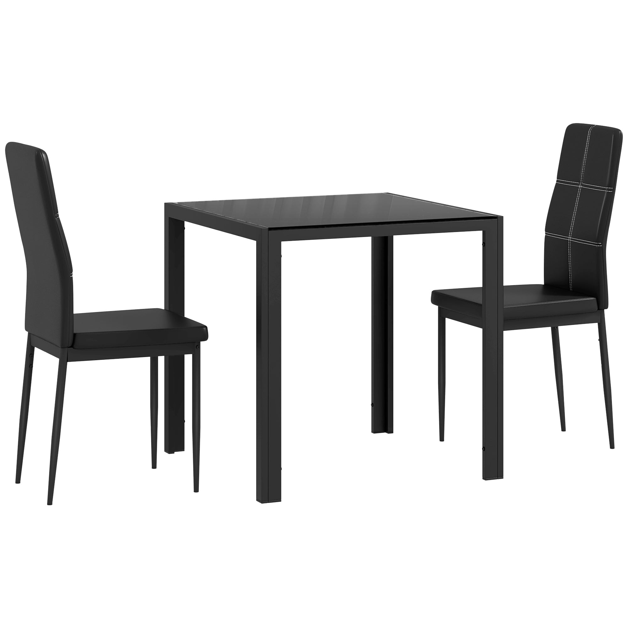 Ensemble table à manger et chaises pour 2 personnes, table de cuisine avec chaises, plateau rectangulaire en verre, structure en métal, pour cuisine salon maison, noir