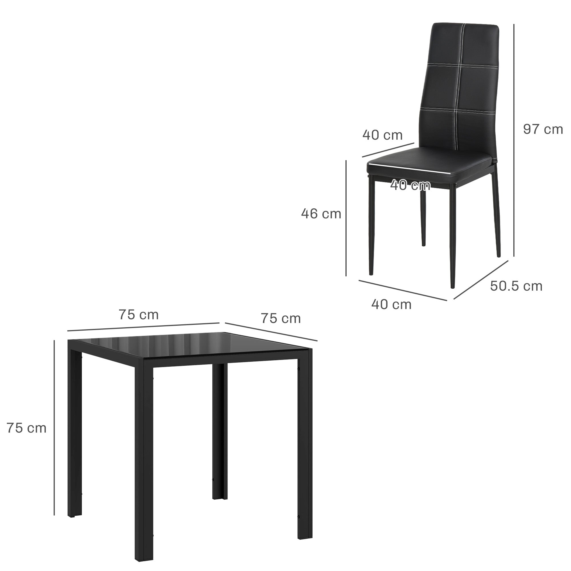 Ensemble table à manger et chaises pour 2 personnes, table de cuisine avec chaises, plateau rectangulaire en verre, structure en métal, pour cuisine salon maison, noir