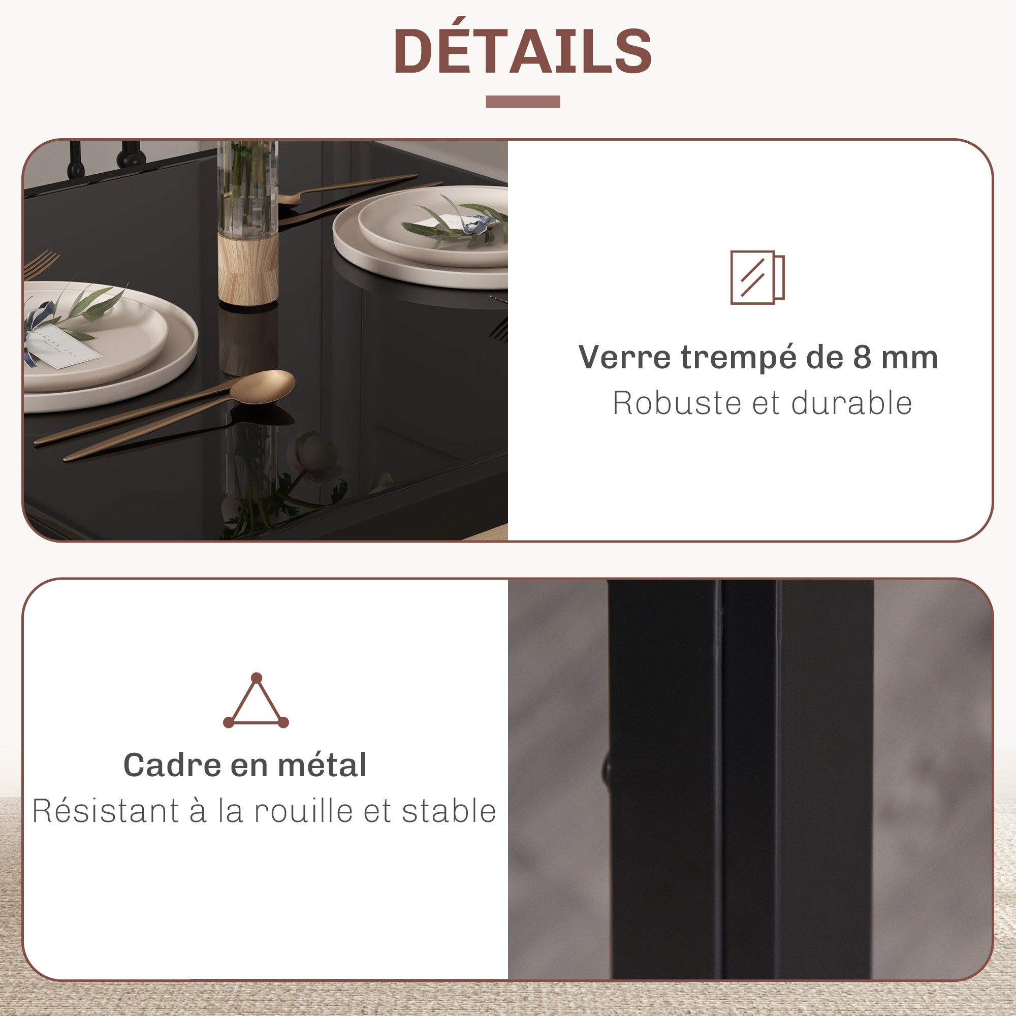 Ensemble table à manger et chaises pour 2 personnes, table de cuisine avec chaises, plateau rectangulaire en verre, structure en métal, pour cuisine salon maison, noir