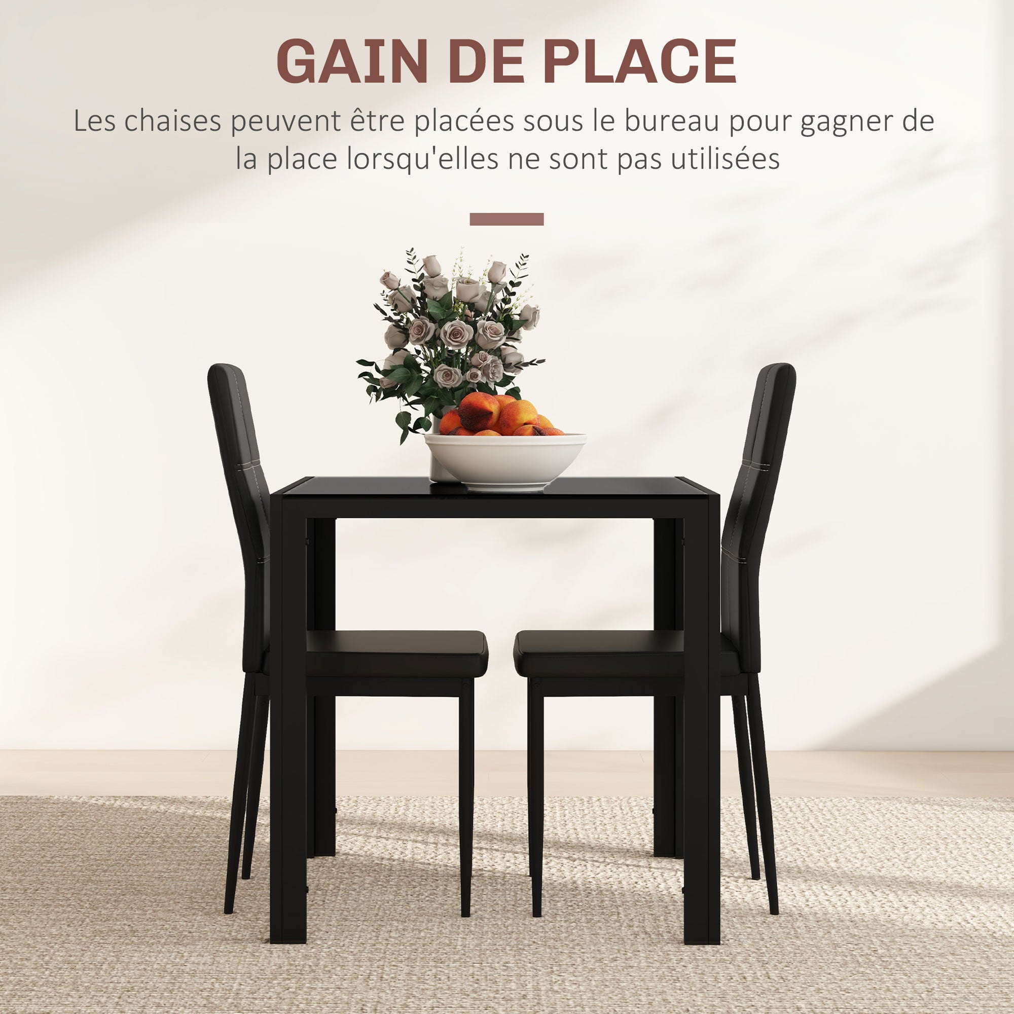 Ensemble table à manger et chaises pour 2 personnes, table de cuisine avec chaises, plateau rectangulaire en verre, structure en métal, pour cuisine salon maison, noir
