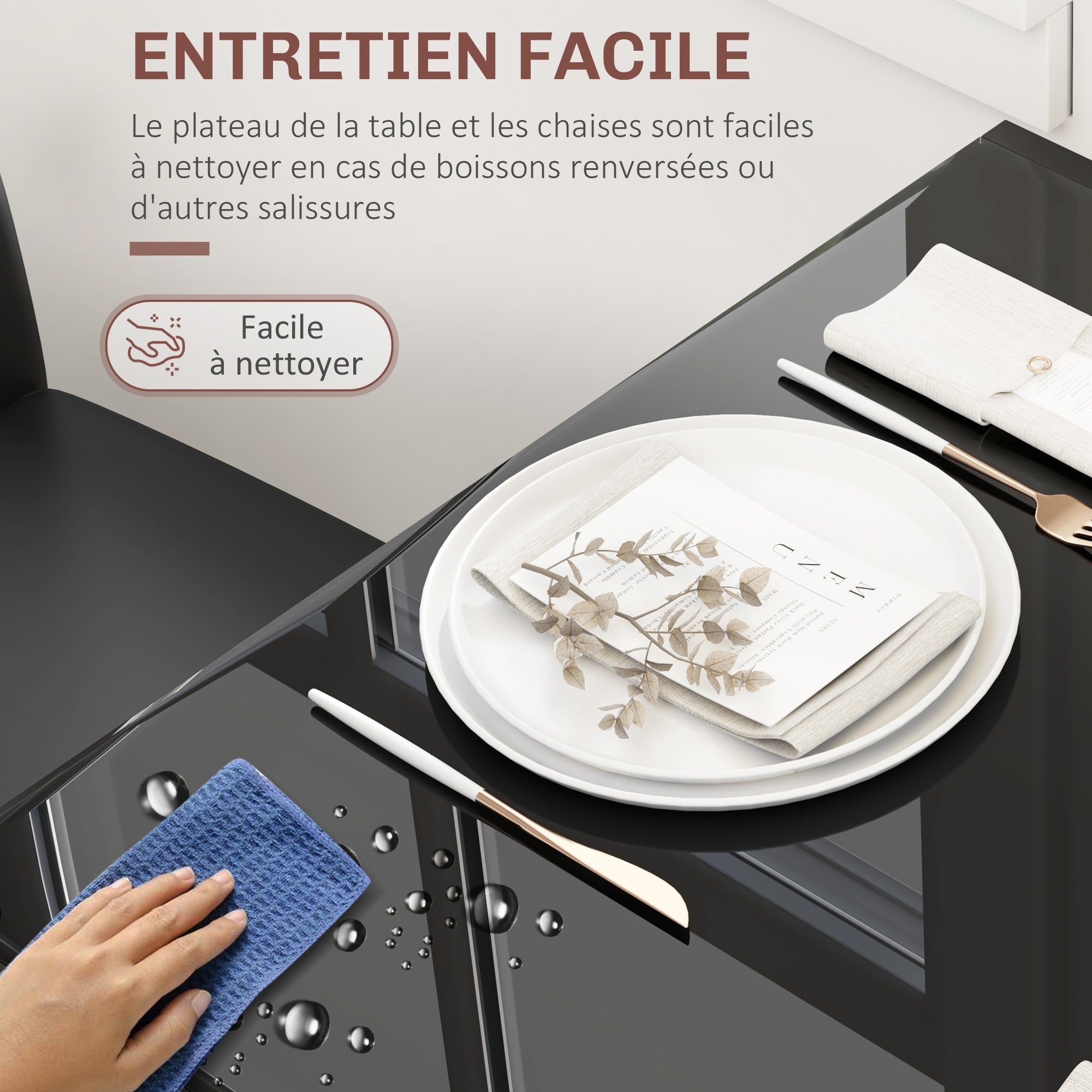 Ensemble table à manger et chaises pour 2 personnes, table de cuisine avec chaises, plateau rectangulaire en verre, structure en métal, pour cuisine salon maison, noir