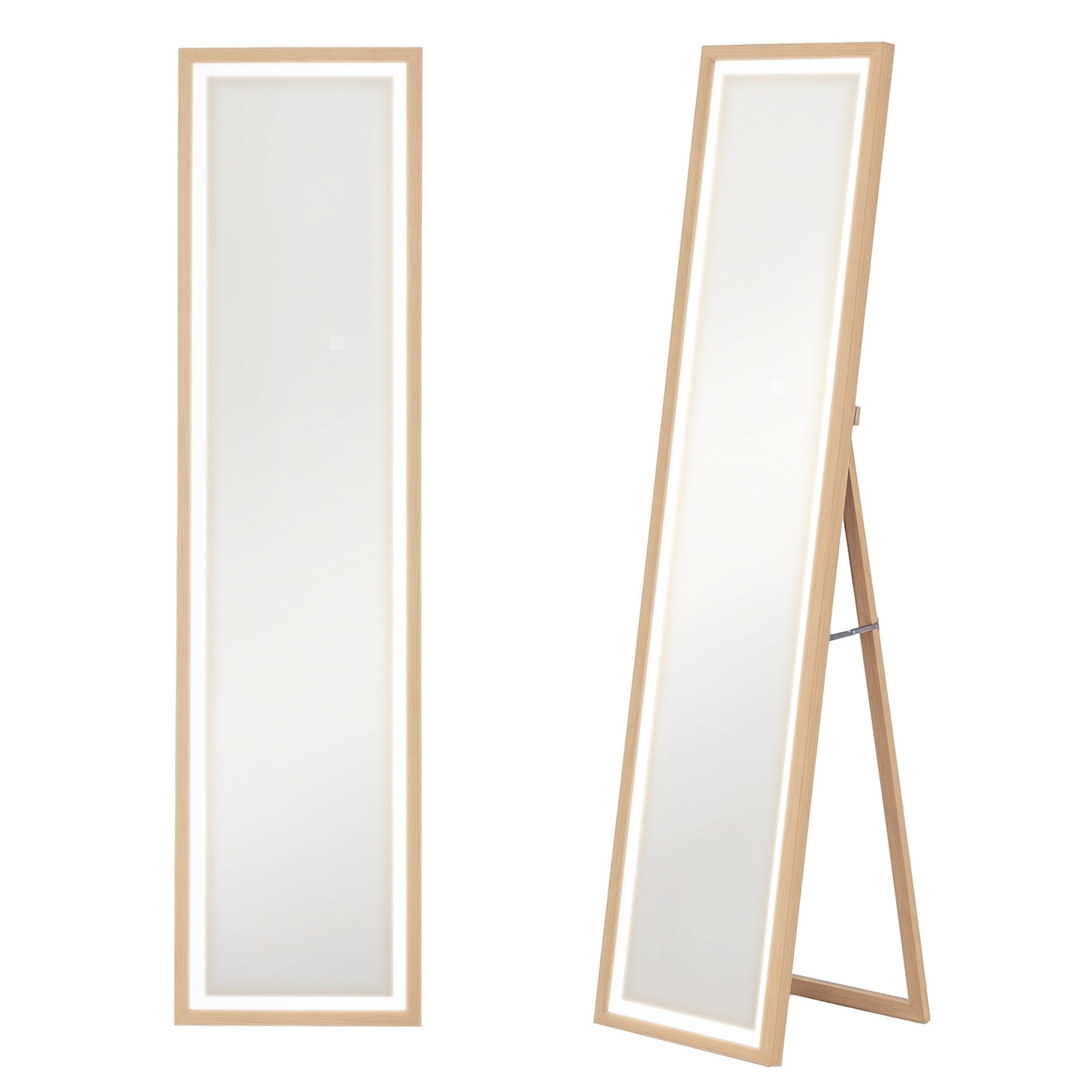 Grand miroir pleine longueur 40 x 160 cm avec éclairage LED 3 couleurs et support, miroir mural ou sur pied rectangulaire pour chambre à coucher salon et dressing, chêne