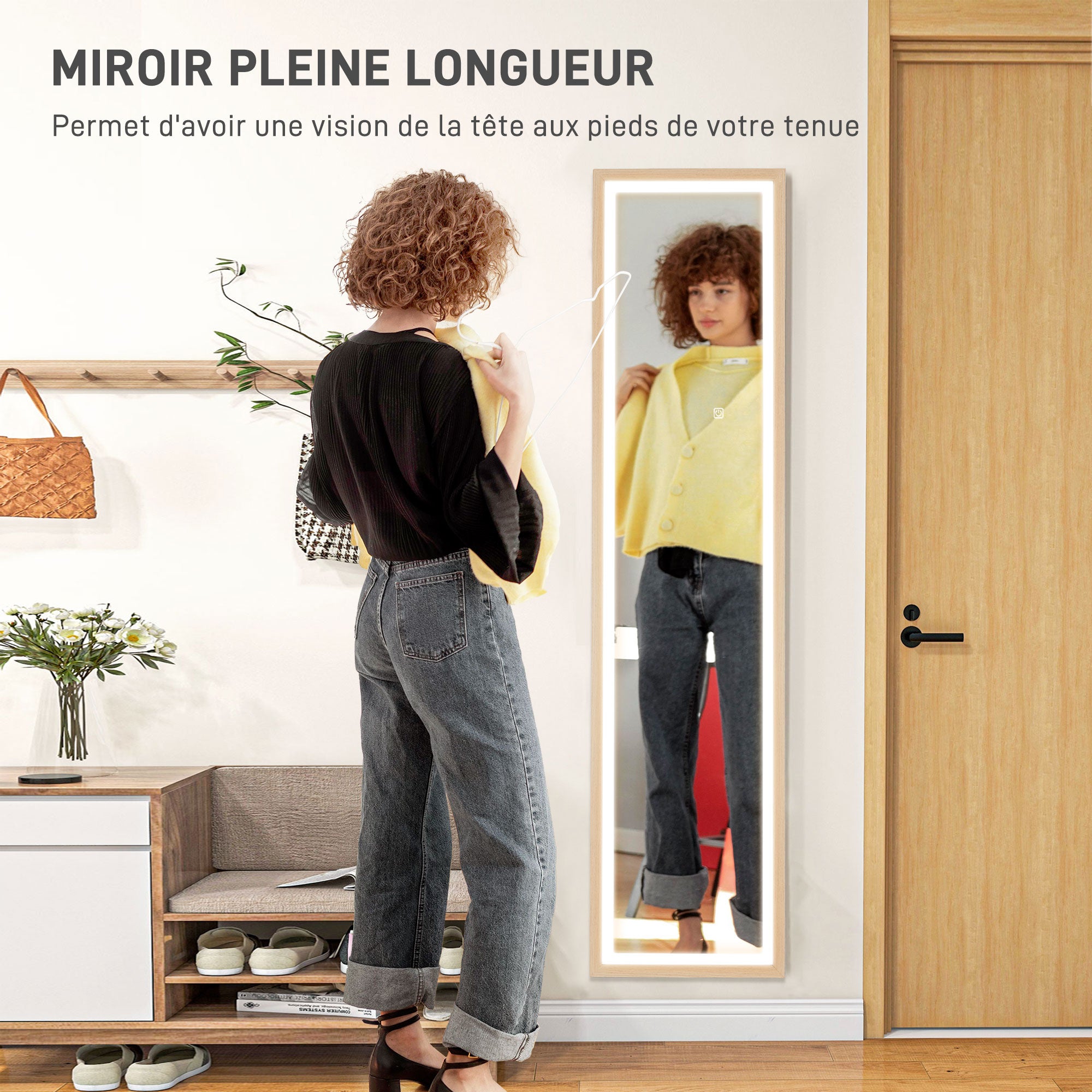 Grand miroir pleine longueur 40 x 160 cm avec éclairage LED 3 couleurs et support, miroir mural ou sur pied rectangulaire pour chambre à coucher salon et dressing, chêne