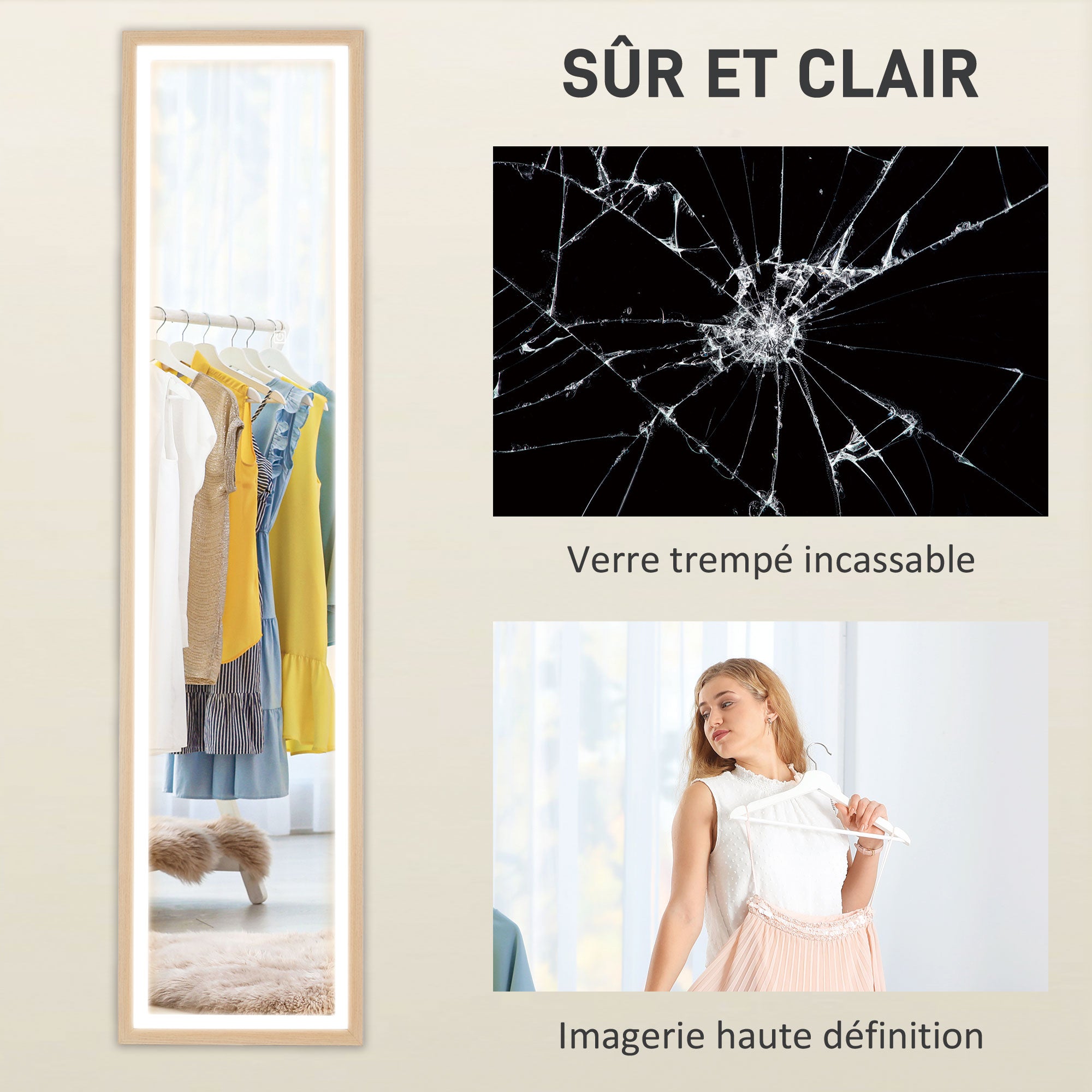 Grand miroir pleine longueur 40 x 160 cm avec éclairage LED 3 couleurs et support, miroir mural ou sur pied rectangulaire pour chambre à coucher salon et dressing, chêne