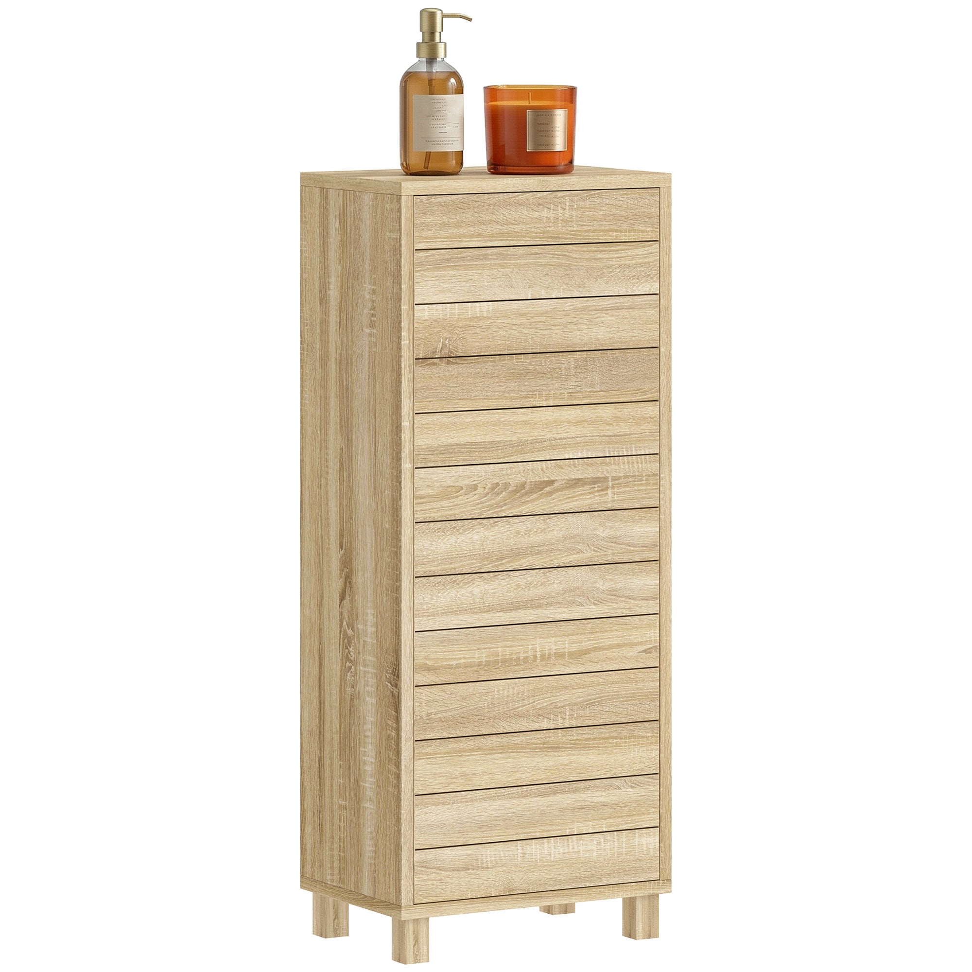 Meuble de Salle de Bain en Bois, Meuble de Rangement avec Étagère Réglable et Porte à Lamelles, Ouverture Pression, pour Salle de Bain, Salon, Chambre, 34 x 23 x 84 cm, Naturel