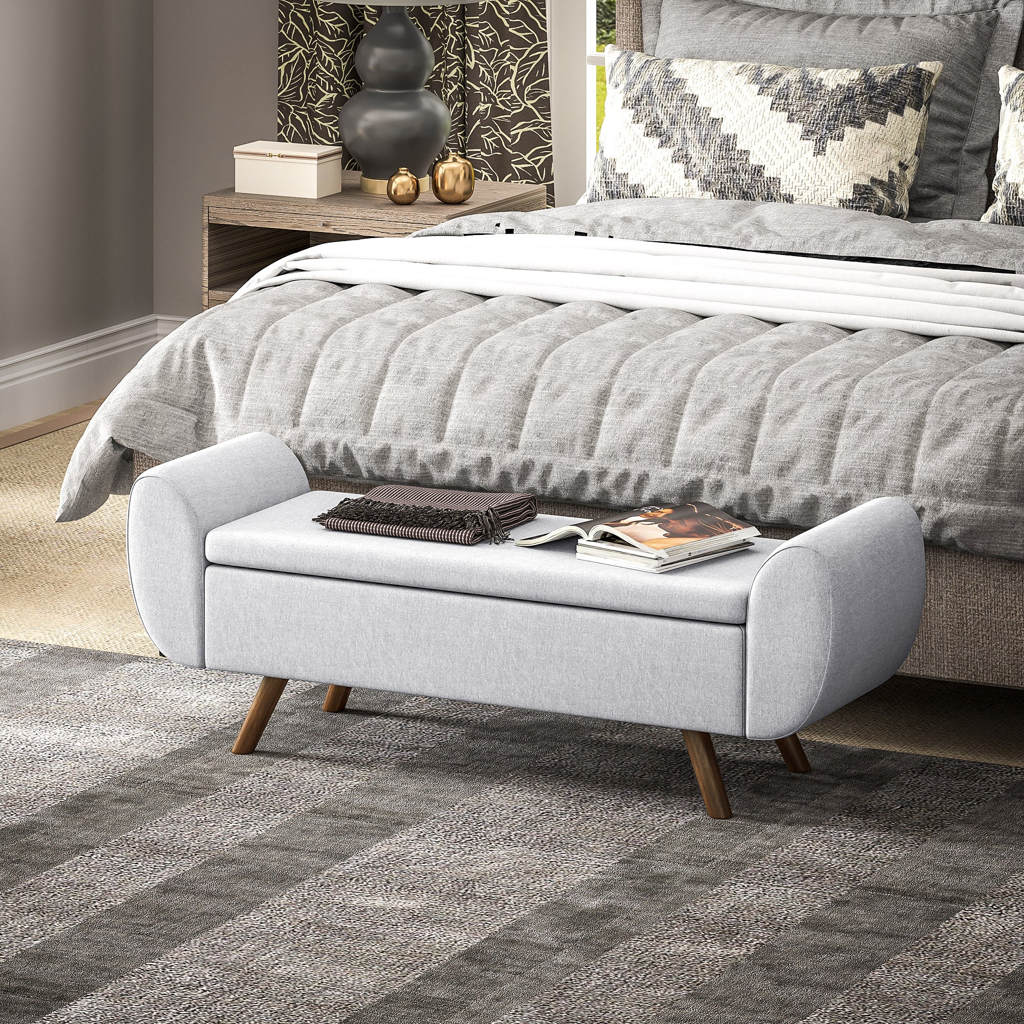 Banc de rangement 53,8L pouf salon bout de lit coffre de rangement repose-pieds avec siège rembourré en lin et accoudoirs, pour salon, chambre, entrée, 132 x 42 x 50 cm, gris