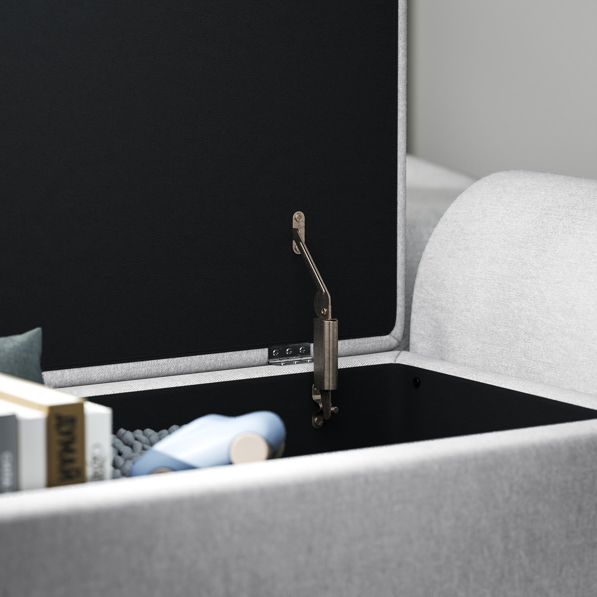 Banc de rangement 53,8L pouf salon bout de lit coffre de rangement repose-pieds avec siège rembourré en lin et accoudoirs, pour salon, chambre, entrée, 132 x 42 x 50 cm, gris