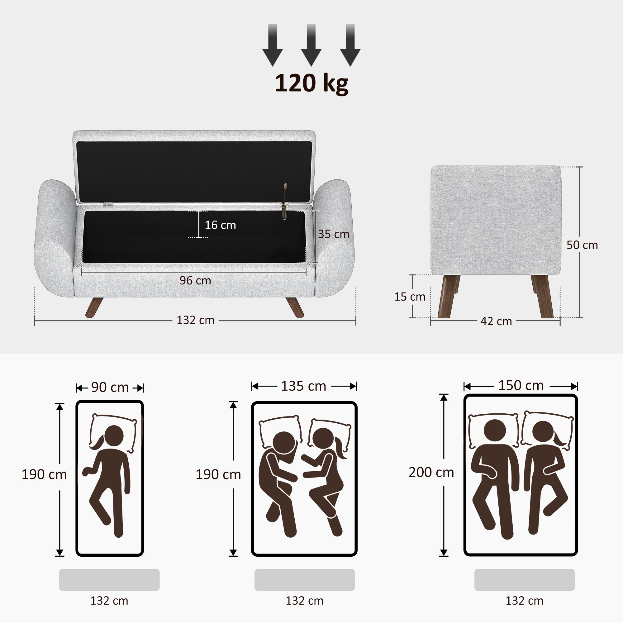 Banc de rangement 53,8L pouf salon bout de lit coffre de rangement repose-pieds avec siège rembourré en lin et accoudoirs, pour salon, chambre, entrée, 132 x 42 x 50 cm, gris