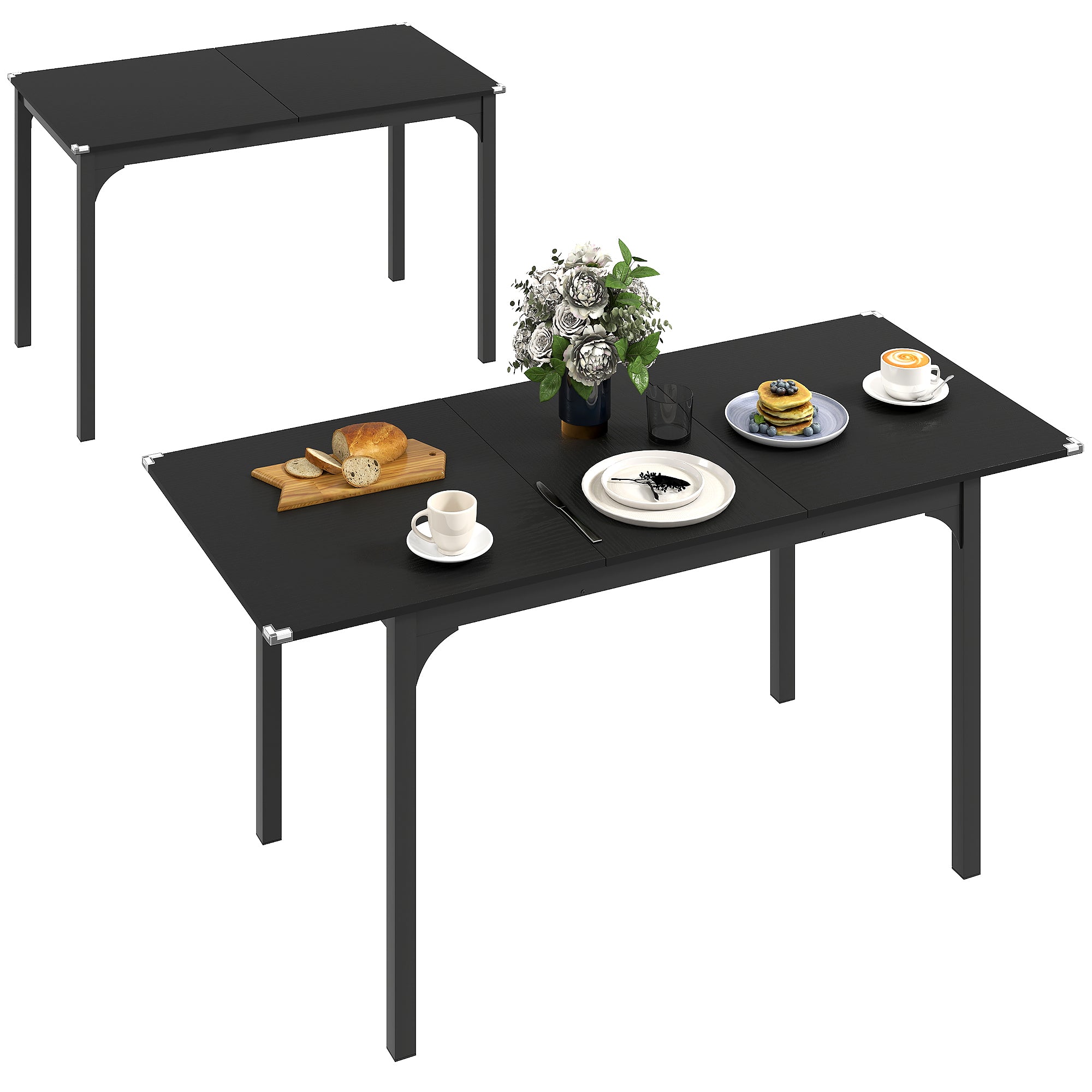 Table à manger pliante, table extensible cuisine rectangulaire jusqu'à 4 à 6 personnes, pieds en acier, pour petits espaces, salle à manger, noir