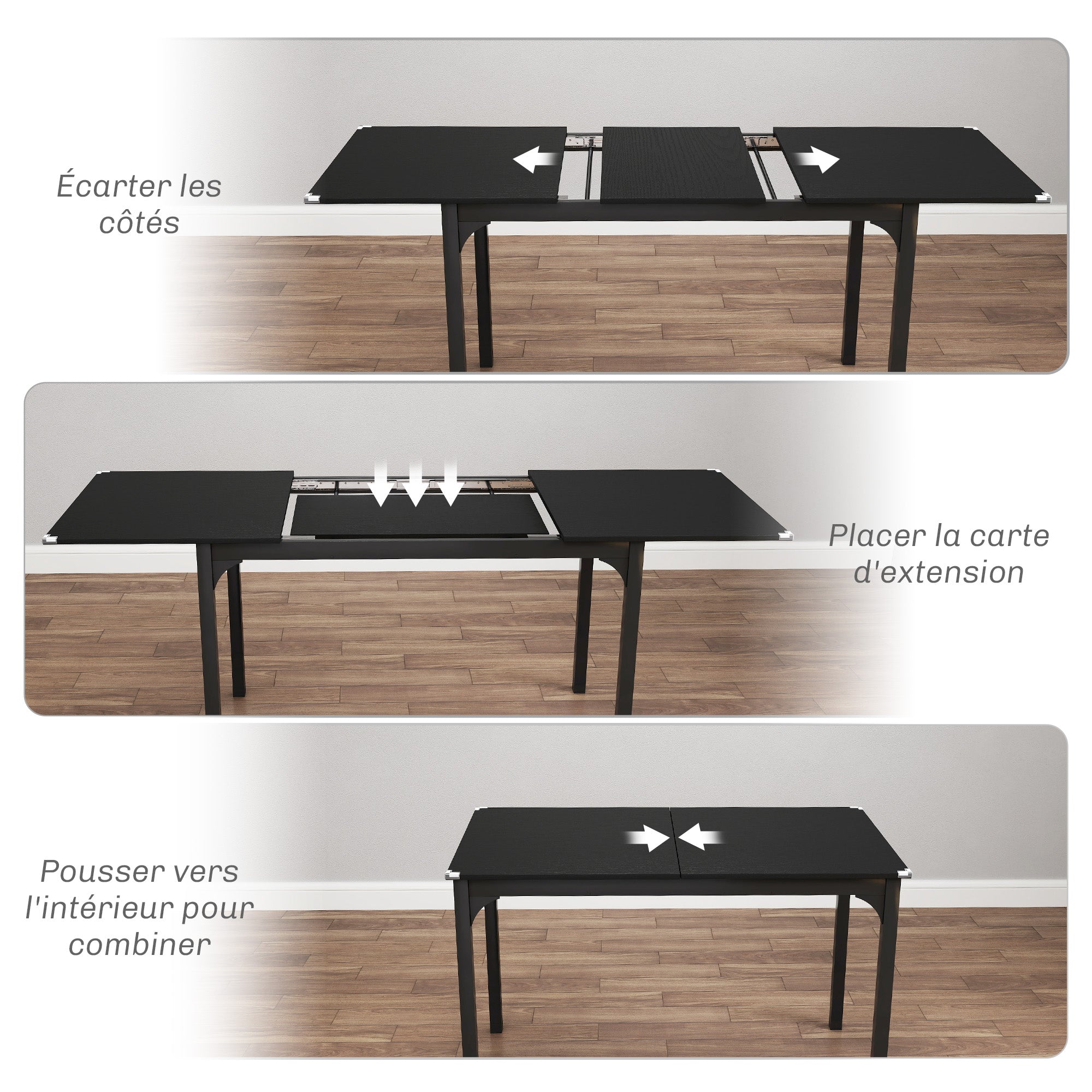 Table à manger pliante, table extensible cuisine rectangulaire jusqu'à 4 à 6 personnes, pieds en acier, pour petits espaces, salle à manger, noir