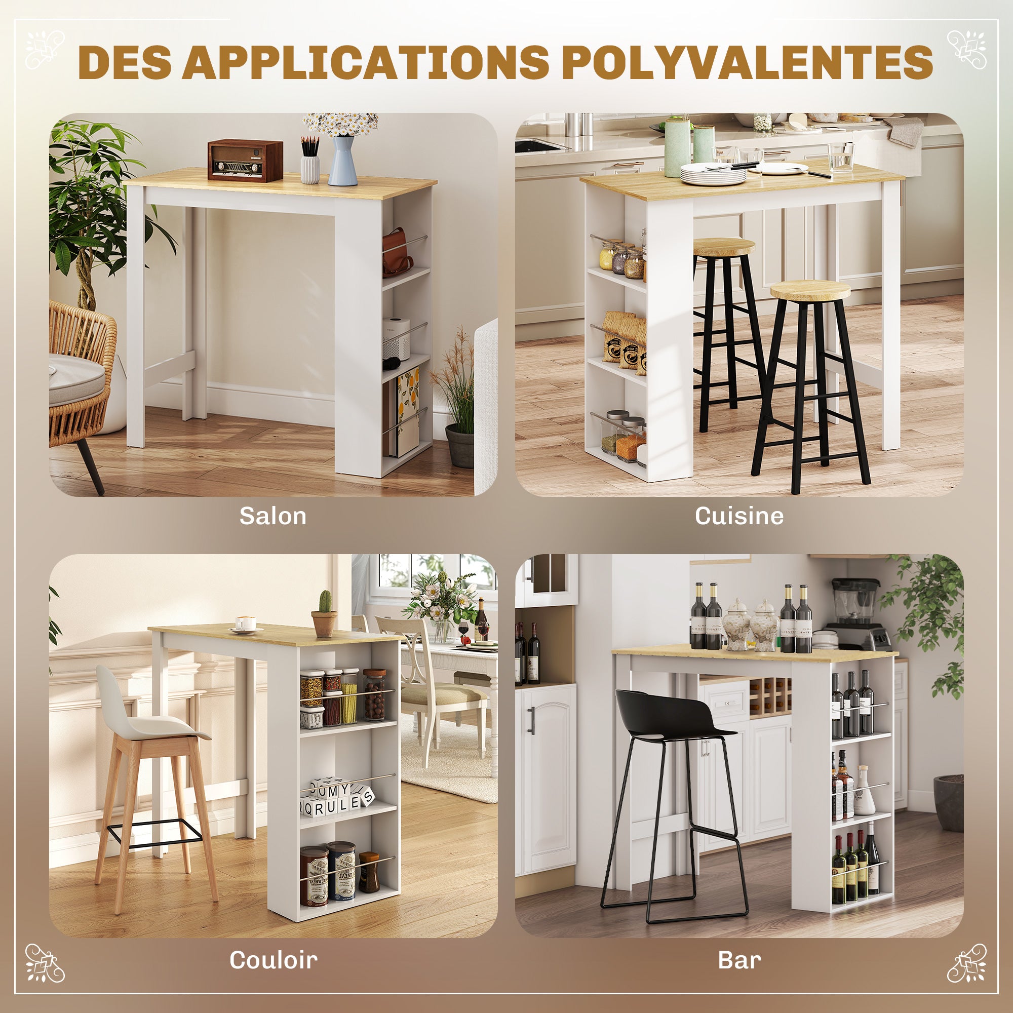 Table de bar table haute de cuisine mange-debout comptoir - dim. 112L x 57l x 106H cm - 3 étagères - aspect chêne clair blanc