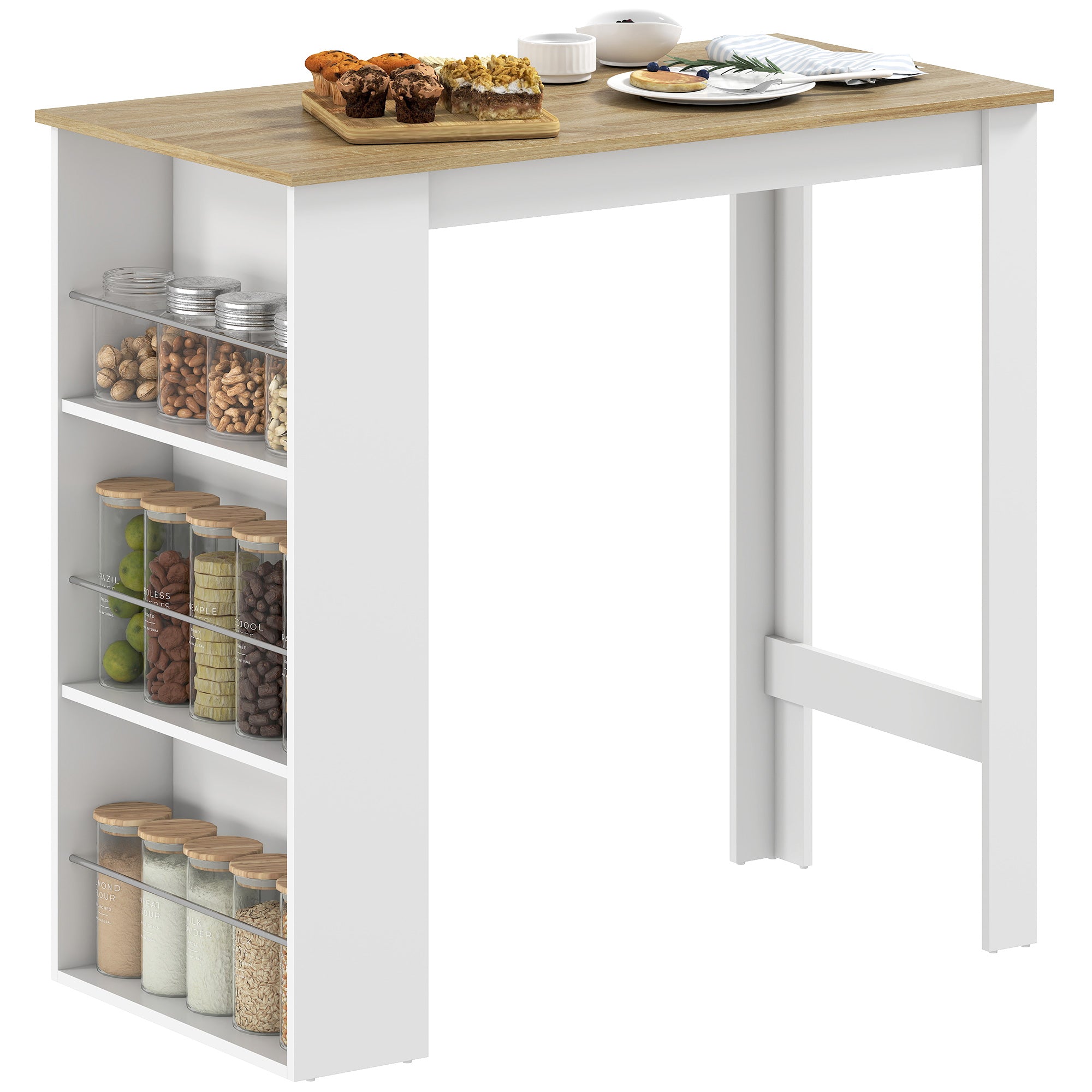 Table de bar table haute de cuisine mange-debout comptoir - dim. 112L x 57l x 106H cm - 3 étagères - aspect chêne clair blanc
