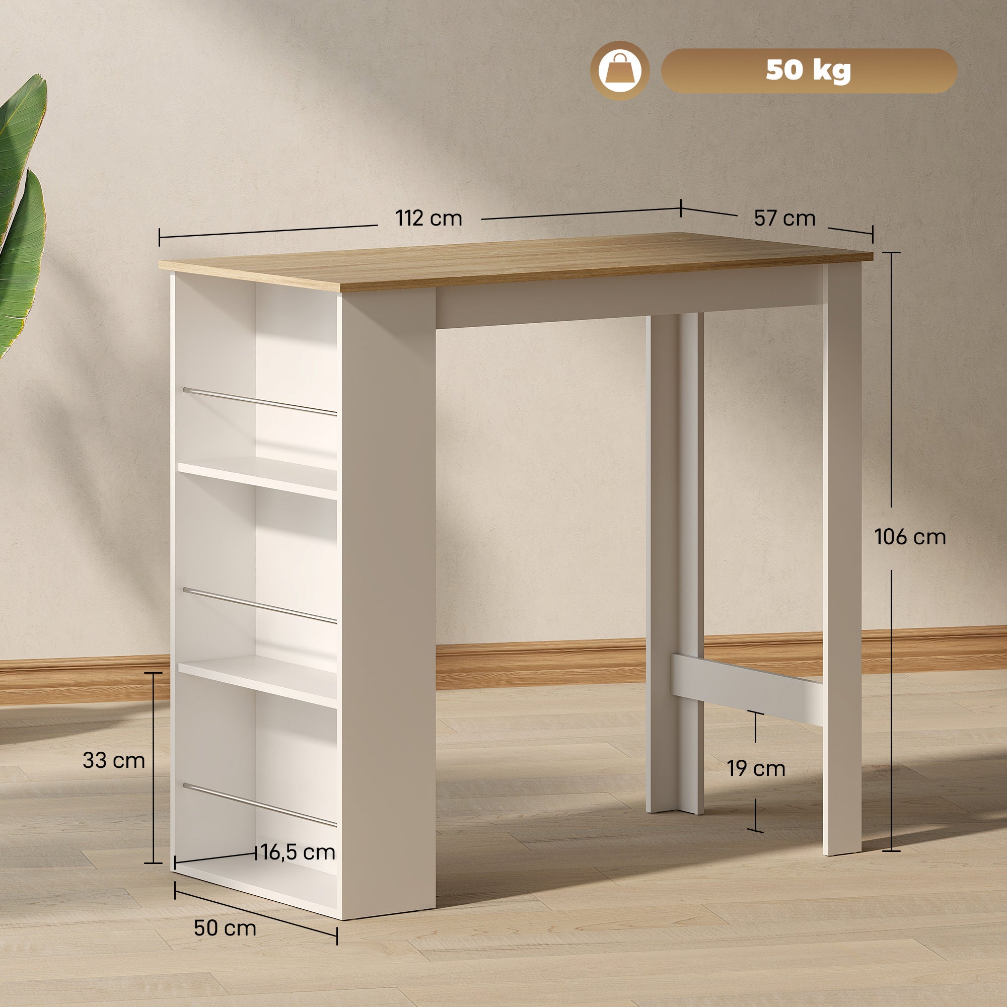 Table de bar table haute de cuisine mange-debout comptoir - dim. 112L x 57l x 106H cm - 3 étagères - aspect chêne clair blanc